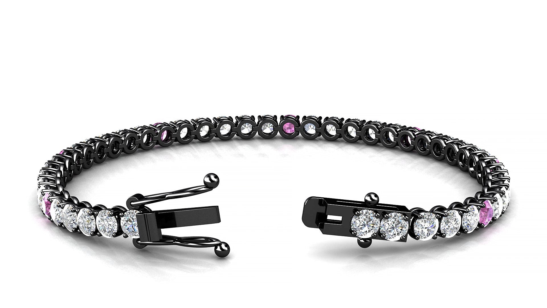 Firenze 1-5 | 18k Black Gold 3.4 mm Round Natural Pink Sapphire & Diamond 15 cm Tennis Bracelet