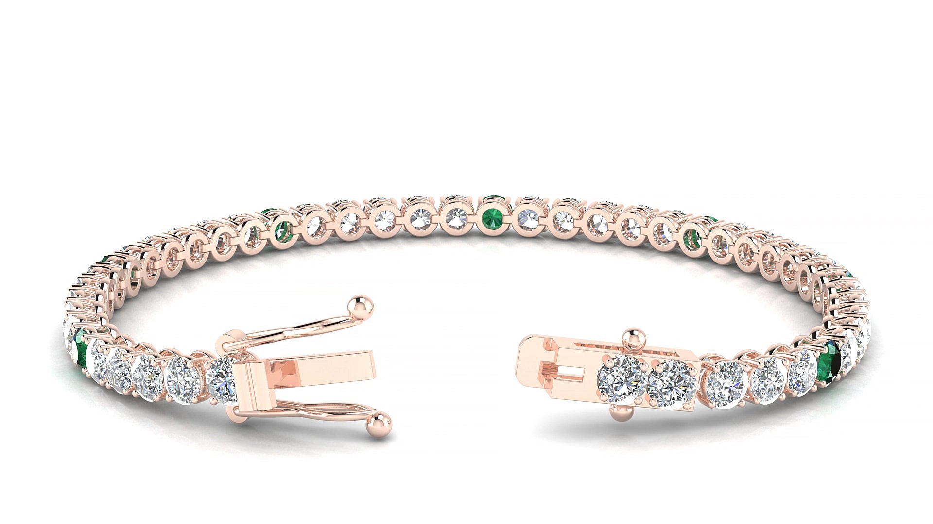 Firenze 1-5 | 18k Rose Gold 3.4 mm Round Natural Emerald & Diamond 17 cm Tennis Bracelet