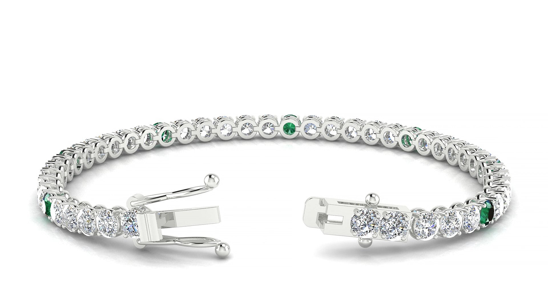 Firenze 1-5 | 18k White Gold 3.4 mm Round Natural Emerald & Diamond 15 cm Tennis Bracelet