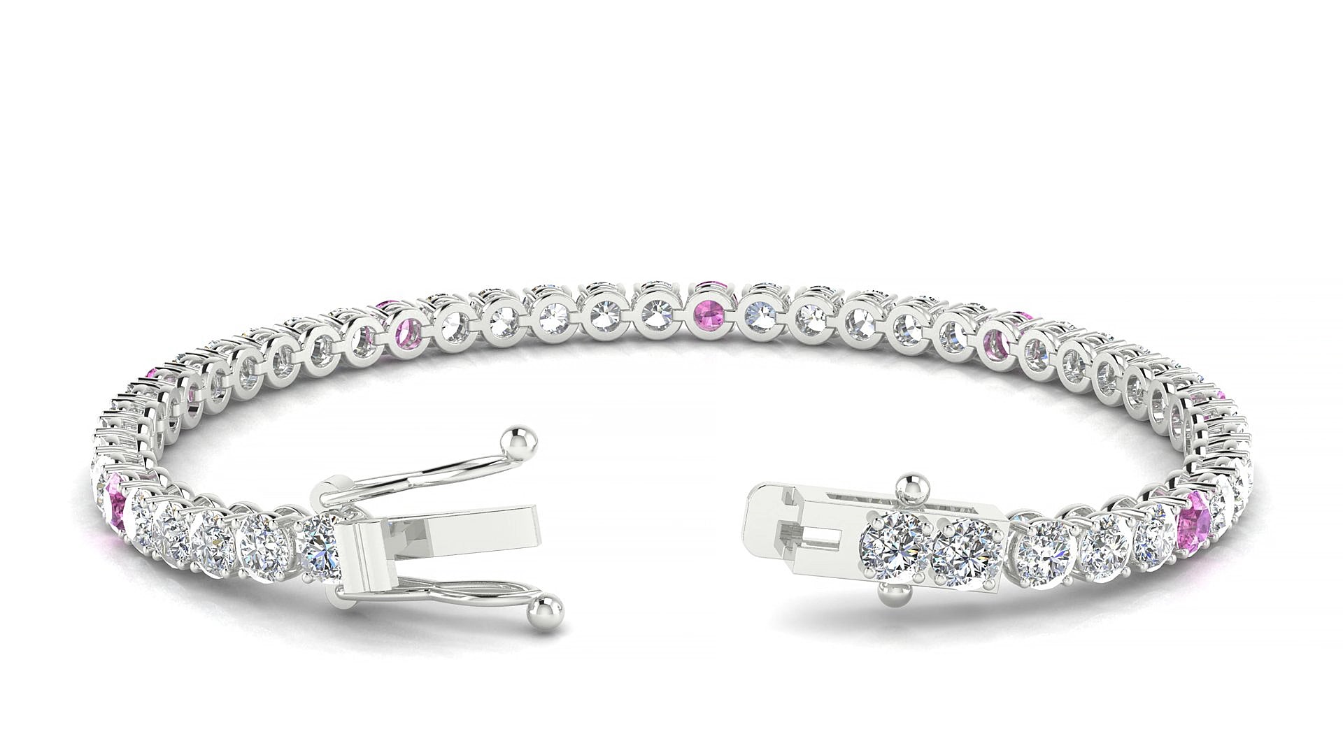 Firenze 1-5 | 18k White Gold 3.4 mm Round Natural Pink Sapphire & Diamond 19 cm Tennis Bracelet