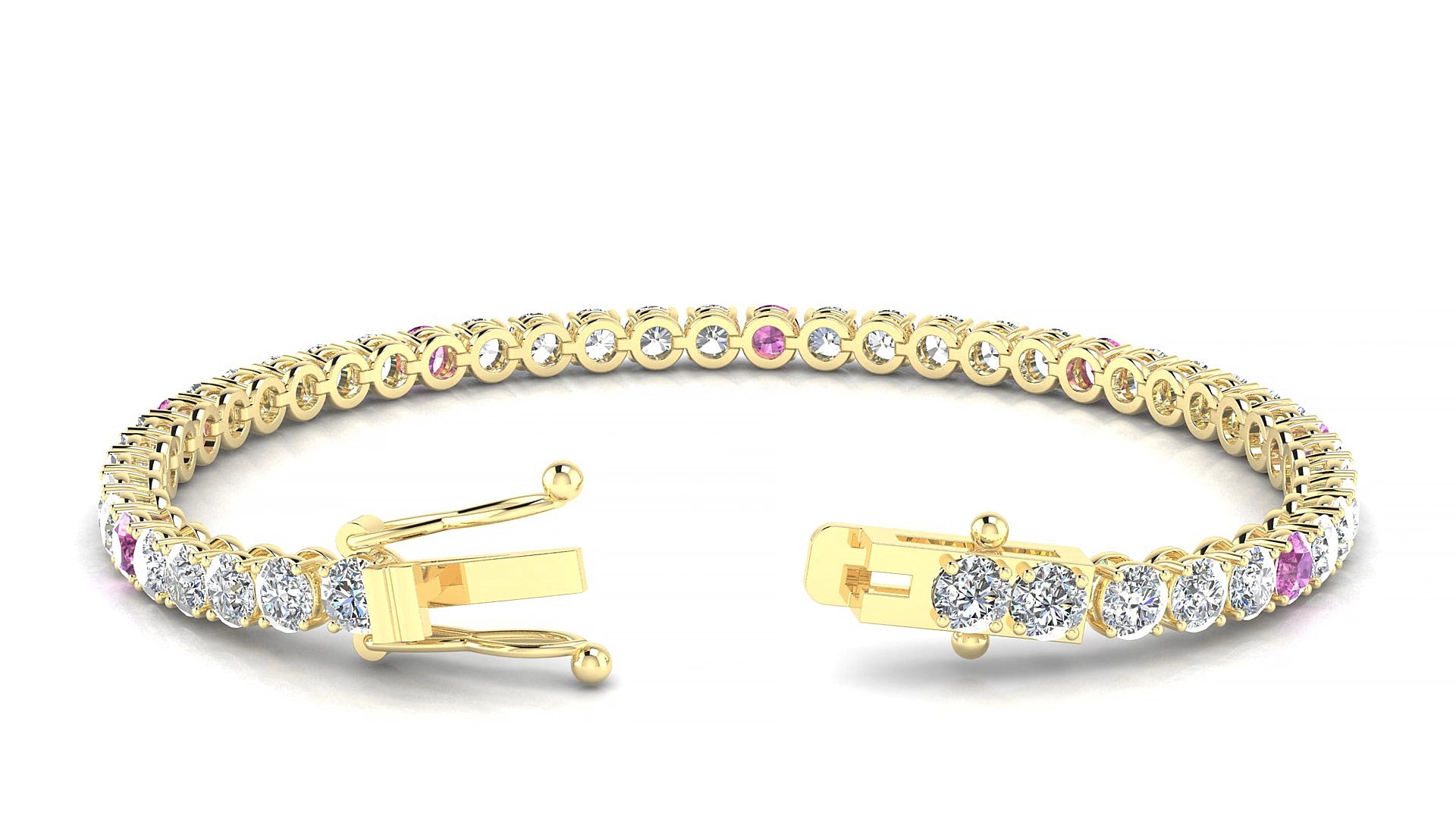 Firenze 1-5 | 18k Yellow Gold 3.4 mm Round Natural Pink Sapphire & Diamond 19 cm Tennis Bracelet