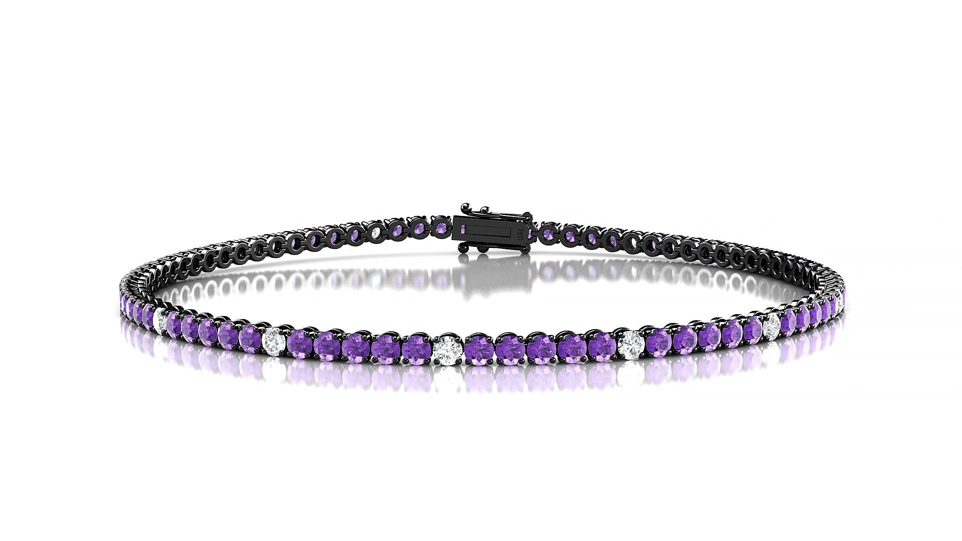 Firenze 5-1 | 18k Black Gold 2 mm Round Natural Amethyst & Diamond 18 cm Tennis Bracelet