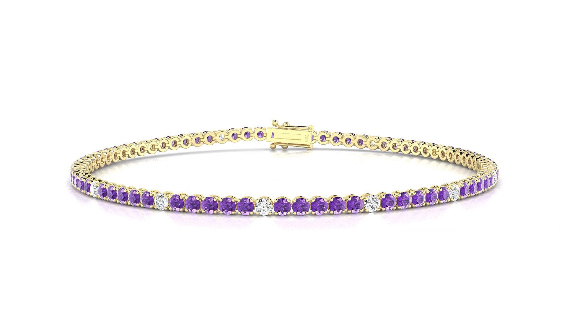 Firenze 5-1 | 18k Yellow Gold 2 mm Round Natural Amethyst & Diamond 18 cm Tennis Bracelet