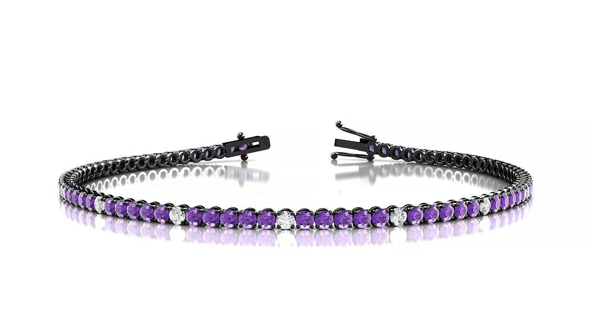 Firenze 5-1 | 18k Black Gold 2 mm Round Natural Amethyst & Diamond 18 cm Tennis Bracelet