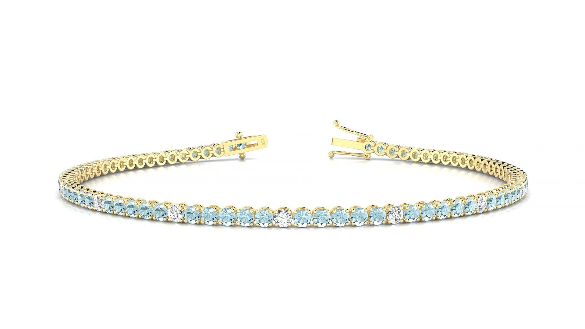 Firenze 5-1 | 18k Yellow Gold 2 mm Round Natural Aquamarine & Diamond 18 cm Tennis Bracelet