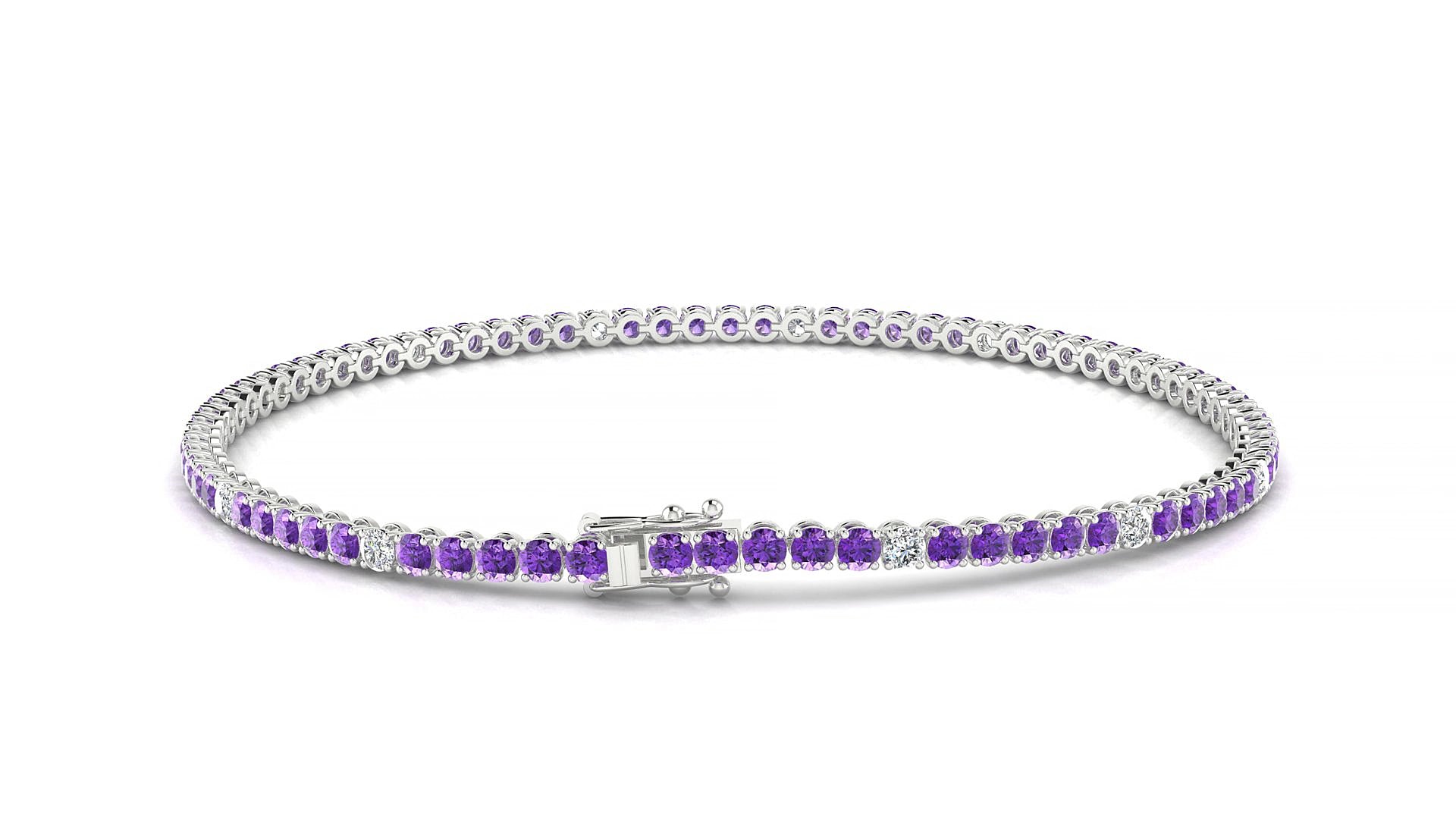 Firenze 5-1 | 18k White Gold 2 mm Round Natural Amethyst & Diamond 16 cm Tennis Bracelet
