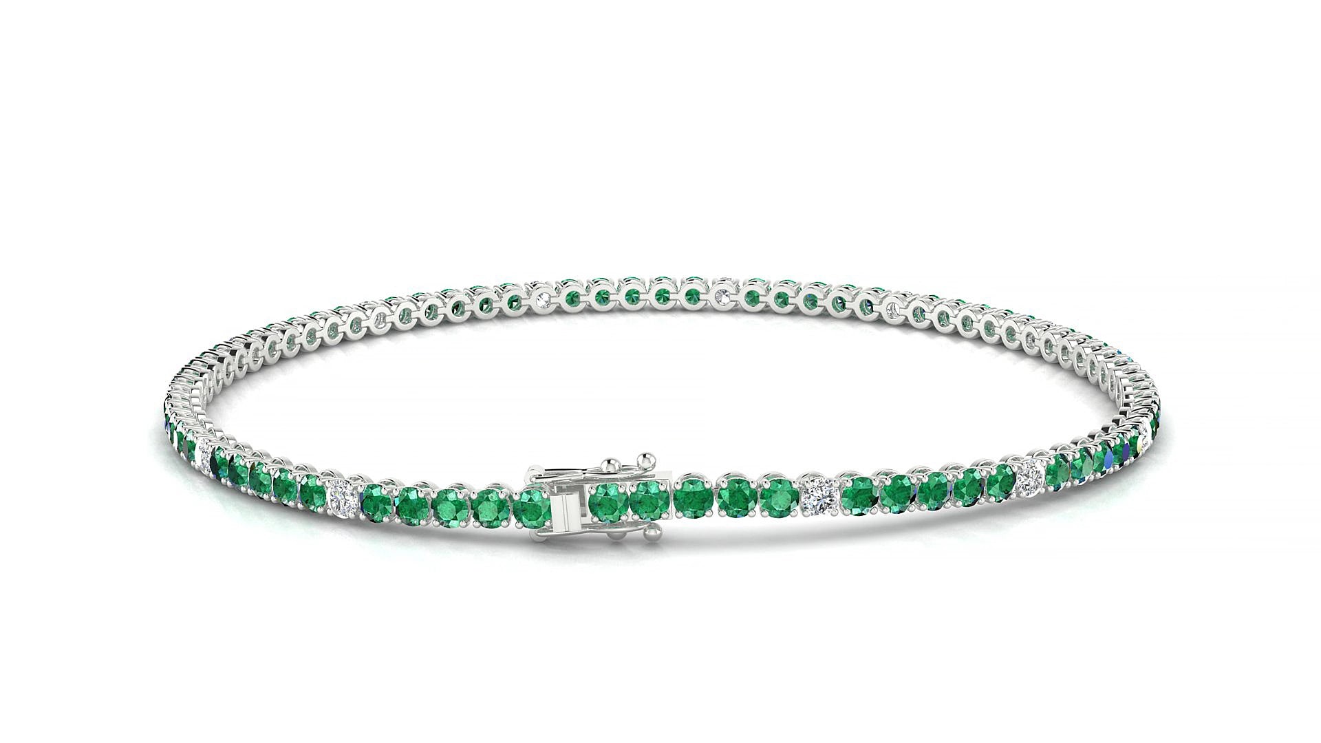 Firenze 5-1 | 18k White Gold 2 mm Round Natural Emerald & Diamond 15 cm Tennis Bracelet