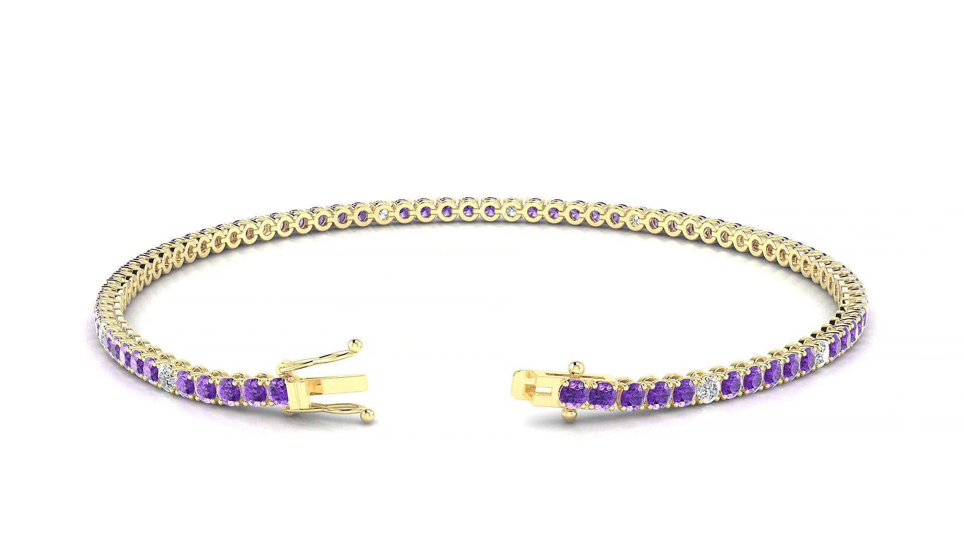 Firenze 5-1 | 18k Yellow Gold 2 mm Round Natural Amethyst & Diamond 16 cm Tennis Bracelet
