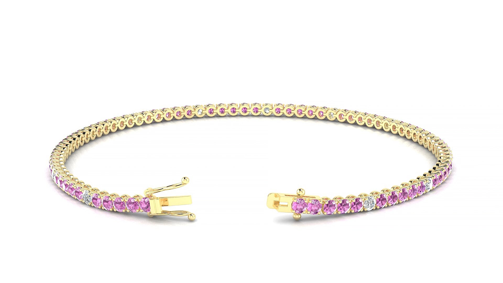 Firenze 5-1 | 18k Yellow Gold 2 mm Round Natural Pink Sapphire & Diamond 18 cm Tennis Bracelet