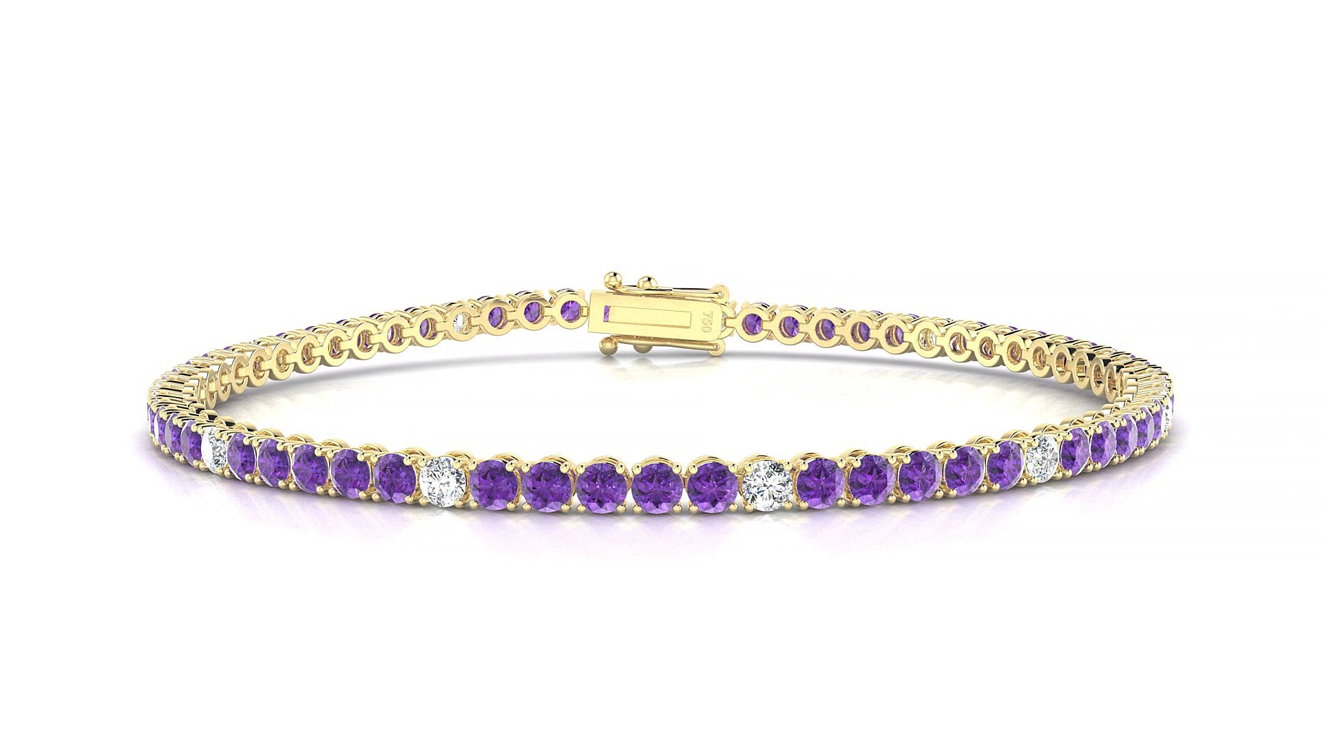 Firenze 5-1 | 18k Yellow Gold 2.5 mm Round Natural Amethyst & Diamond 18 cm Tennis Bracelet