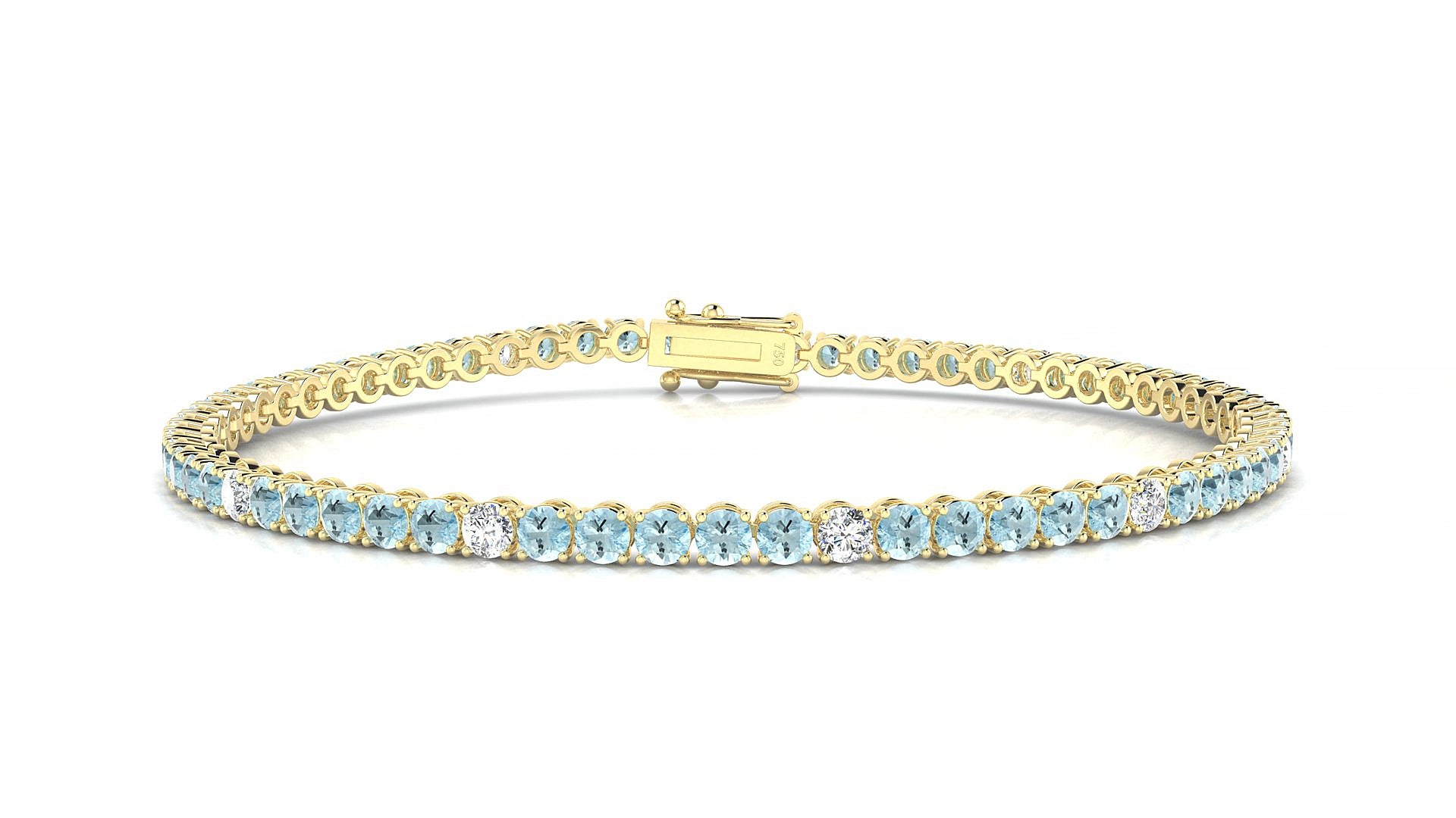 Firenze 5-1 | 18k Yellow Gold 2.5 mm Round Natural Aquamarine & Diamond 18 cm Tennis Bracelet