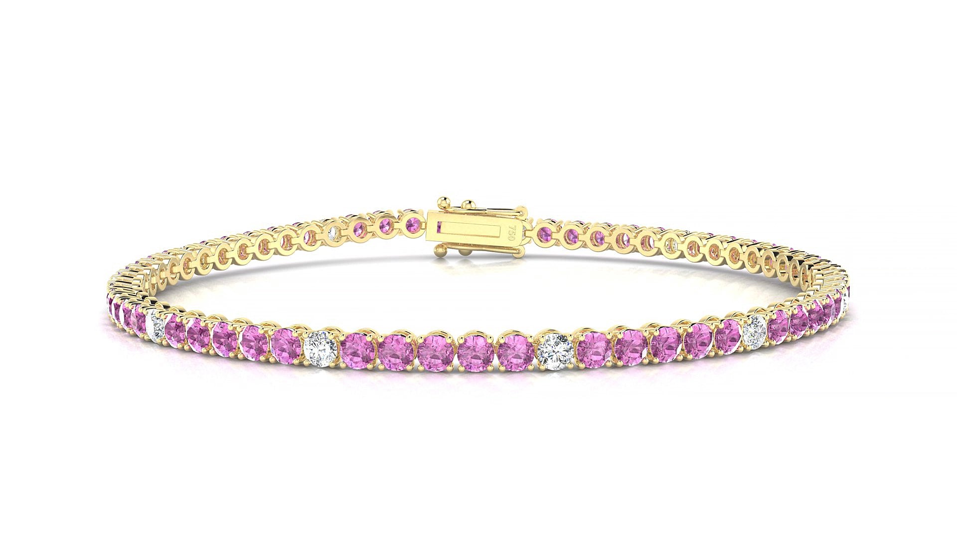 Firenze 5-1 | 18k Yellow Gold 2.5 mm Round Natural Pink Sapphire & Diamond 18 cm Tennis Bracelet