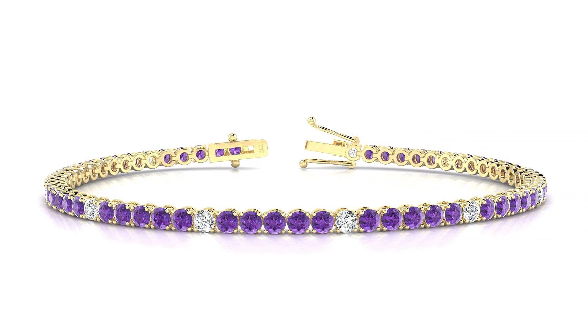 Firenze 5-1 | 18k Yellow Gold 2.5 mm Round Natural Amethyst & Diamond 18 cm Tennis Bracelet