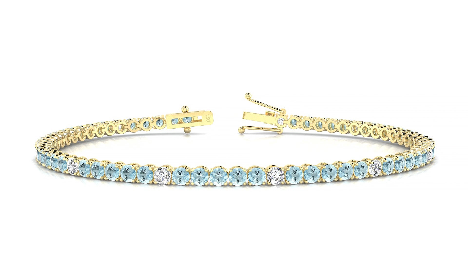 Firenze 5-1 | 18k Yellow Gold 2.5 mm Round Natural Aquamarine & Diamond 20 cm Tennis Bracelet