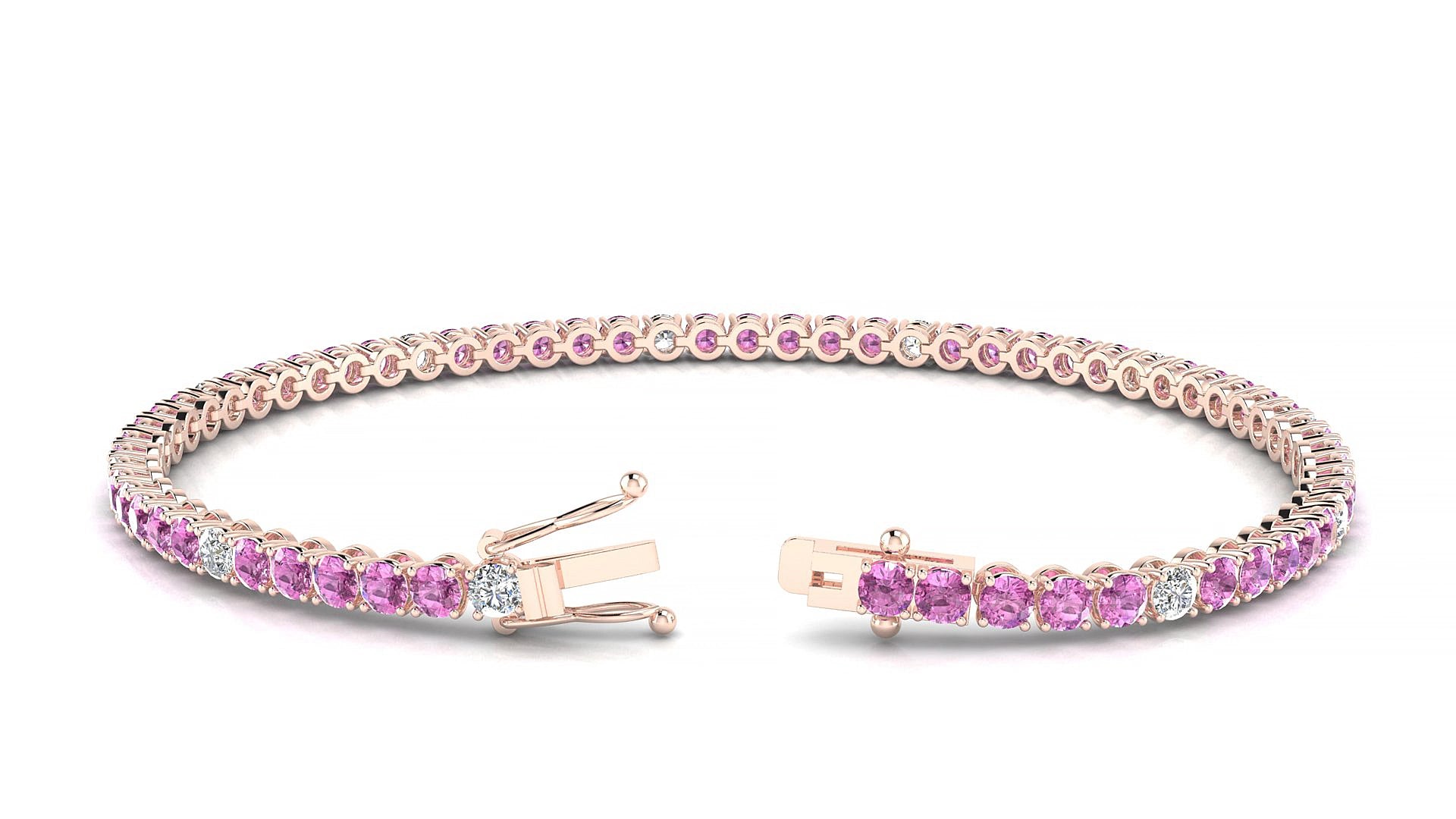 Firenze 5-1 | 18k Rose Gold 2.5 mm Round Natural Pink Sapphire & Diamond 17 cm Tennis Bracelet