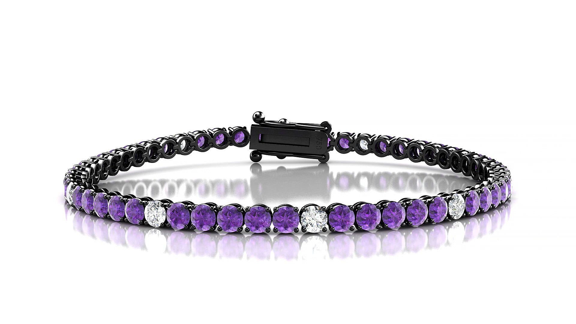 Firenze 5-1 | 18k Black Gold 3 mm Round Natural Amethyst & Diamond 17 cm Tennis Bracelet