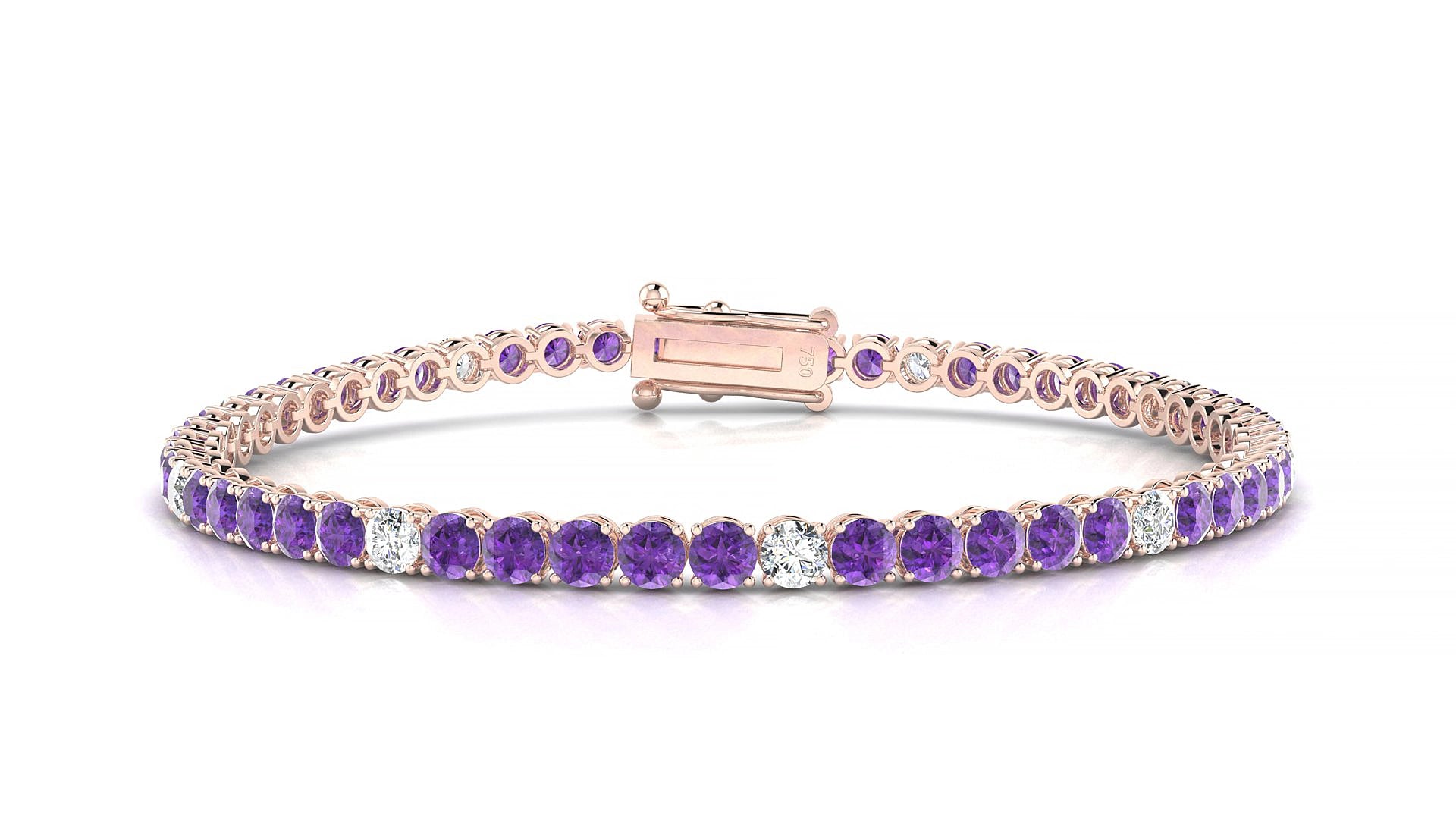 Firenze 5-1 | 18k Rose Gold 3 mm Round Natural Amethyst & Diamond 16 cm Tennis Bracelet