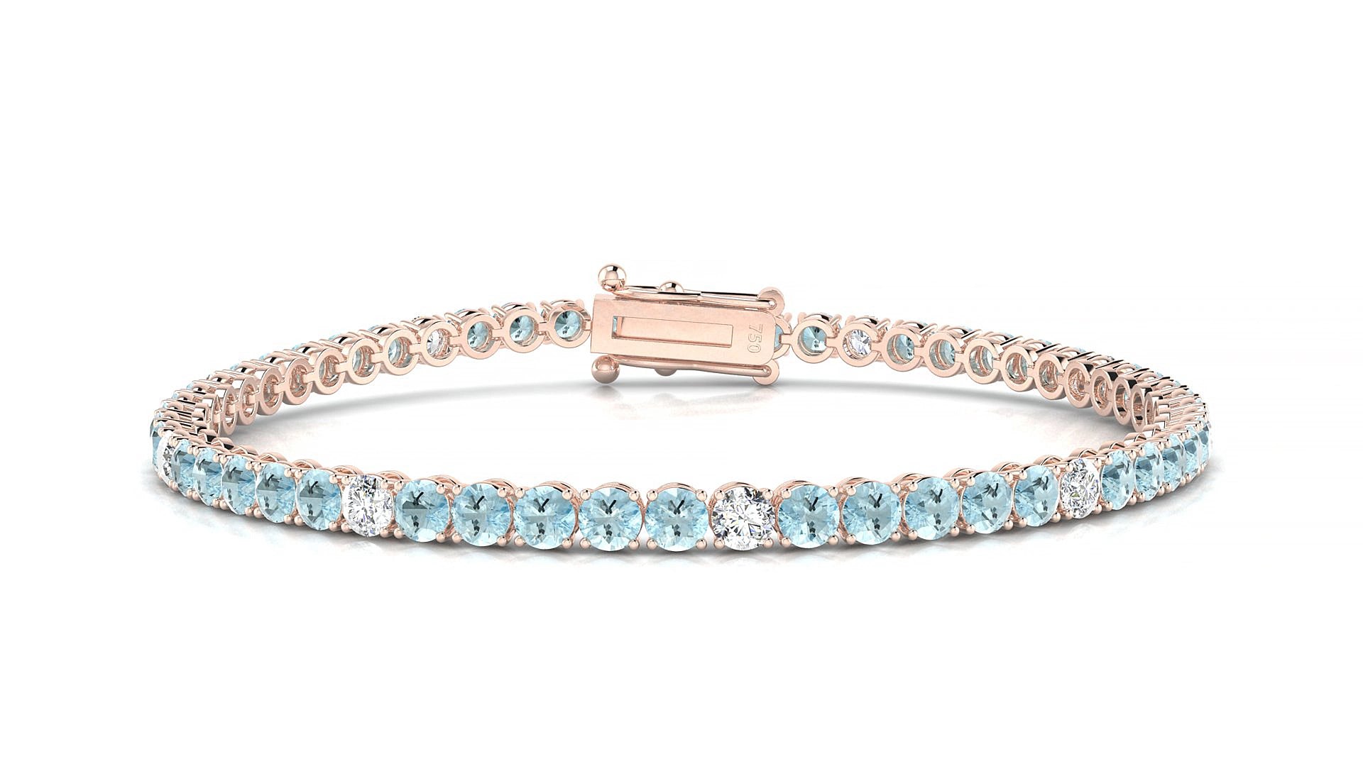 Firenze 5-1 | 18k Rose Gold 3 mm Round Natural Aquamarine & Diamond 17 cm Tennis Bracelet