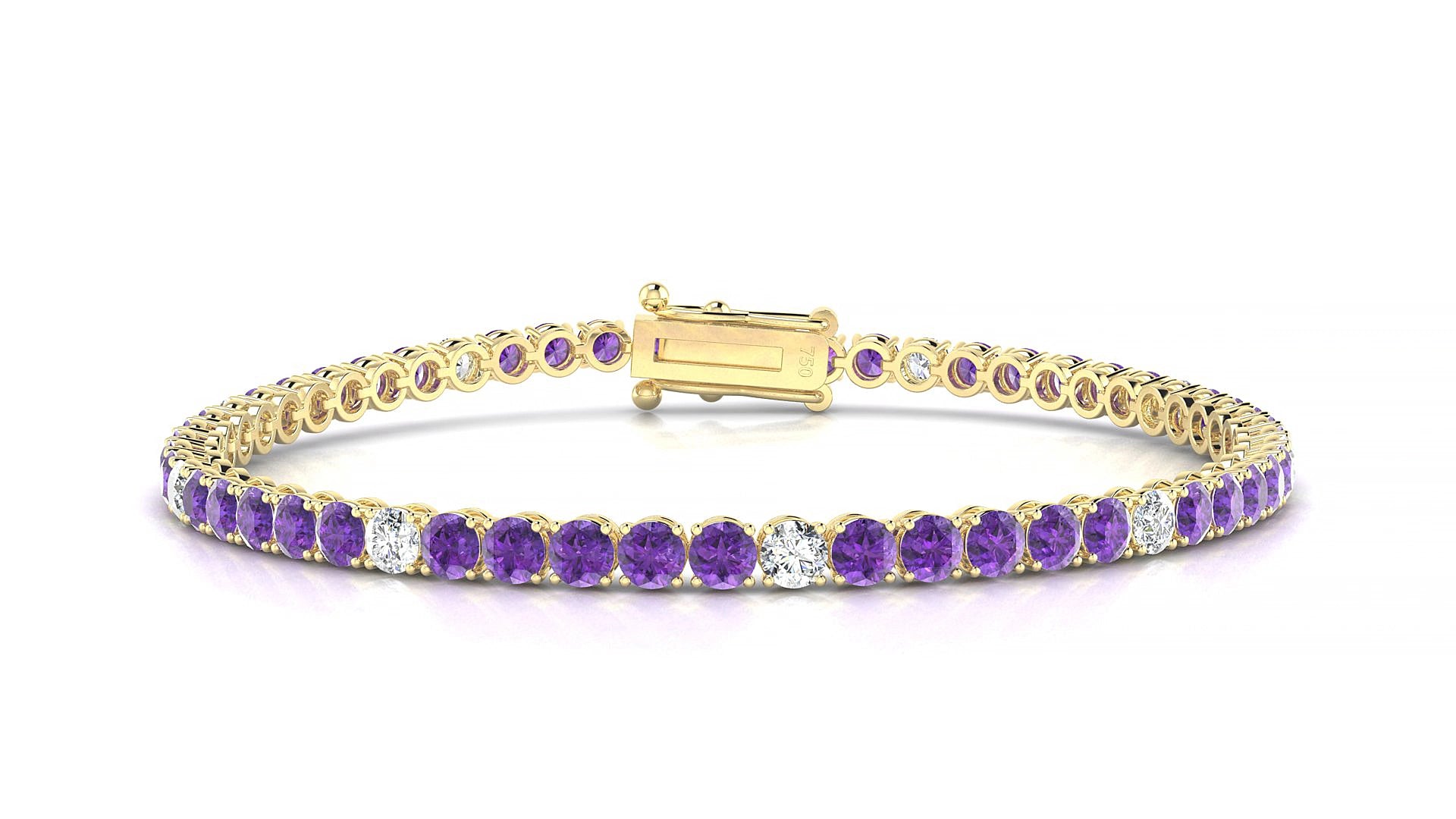 Firenze 5-1 | 18k Yellow Gold 3 mm Round Natural Amethyst & Diamond 18 cm Tennis Bracelet