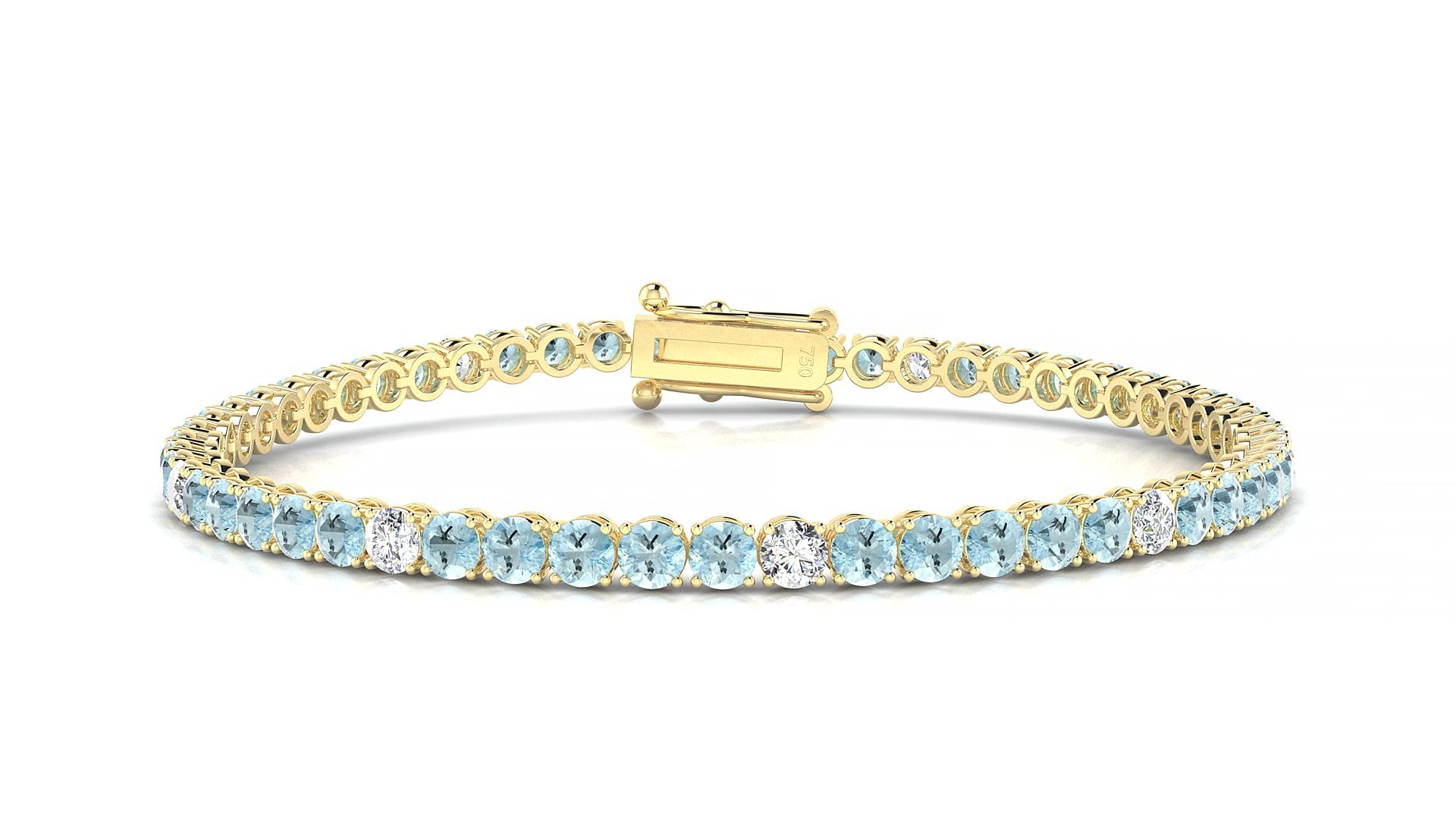 Firenze 5-1 | 18k Yellow Gold 3 mm Round Natural Aquamarine & Diamond 19 cm Tennis Bracelet