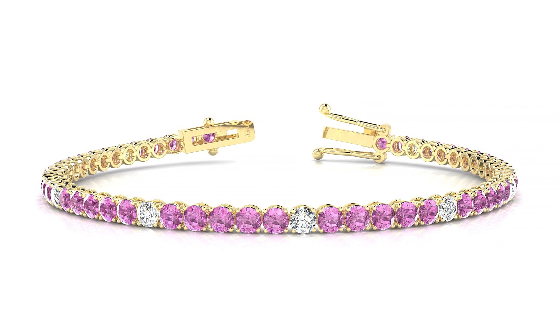 Firenze 5-1 | 18k Yellow Gold 3 mm Round Natural Pink Sapphire & Diamond 17 cm Tennis Bracelet