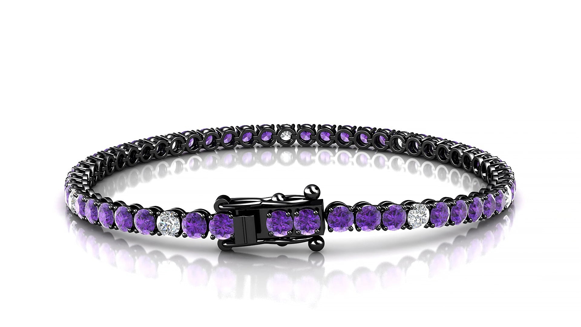 Firenze 5-1 | 18k Black Gold 3 mm Round Natural Amethyst & Diamond 18 cm Tennis Bracelet