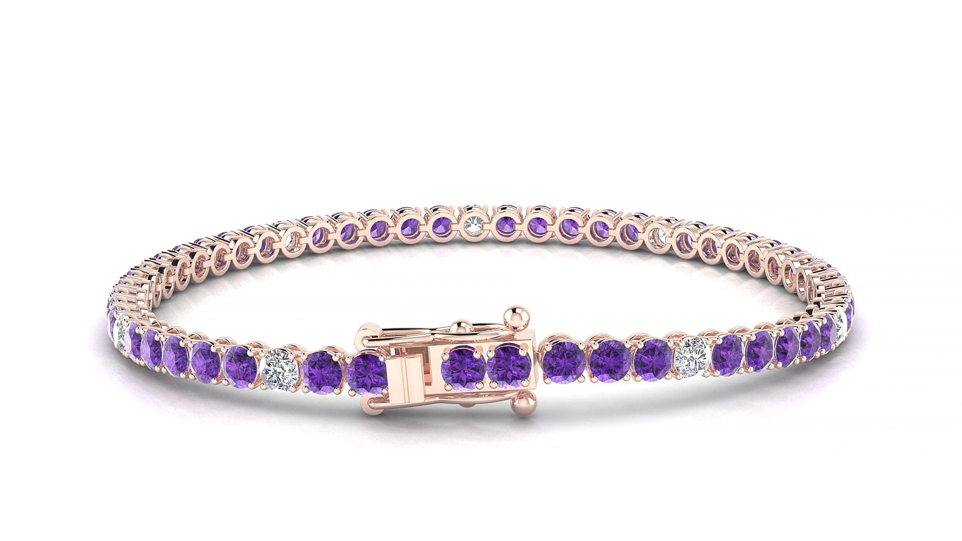 Firenze 5-1 | 18k Rose Gold 3 mm Round Natural Amethyst & Diamond 15 cm Tennis Bracelet