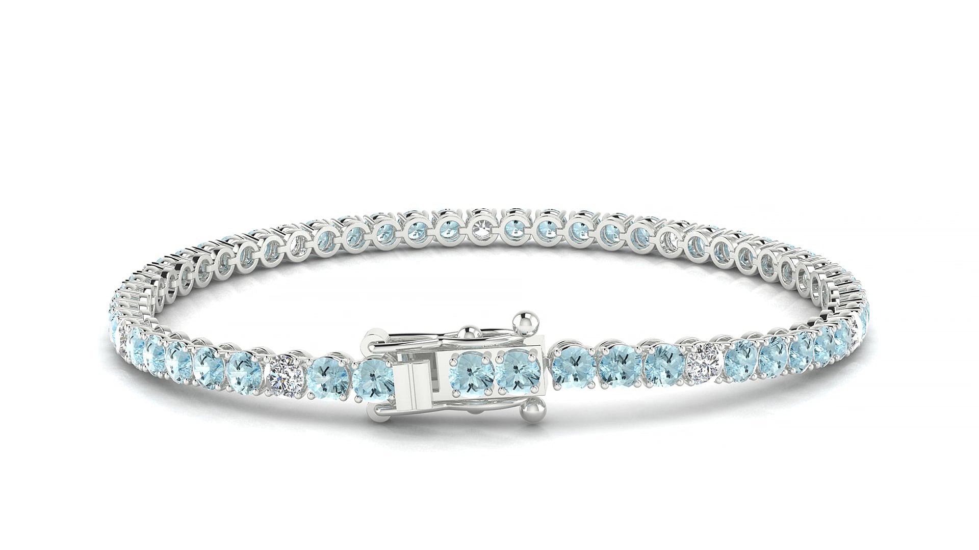 Firenze 5-1 | 18k White Gold 3 mm Round Natural Aquamarine & Diamond 15 cm Tennis Bracelet