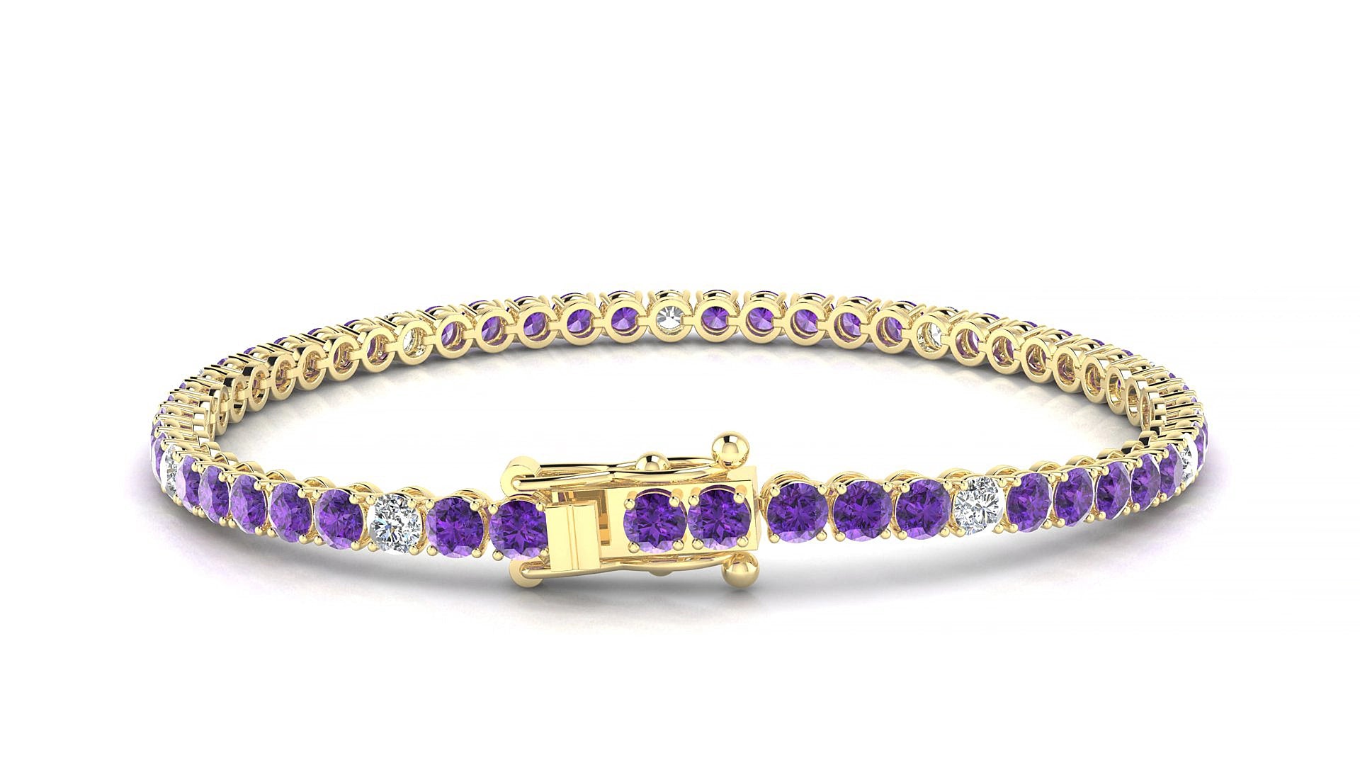 Firenze 5-1 | 18k Yellow Gold 3 mm Round Natural Amethyst & Diamond 18 cm Tennis Bracelet