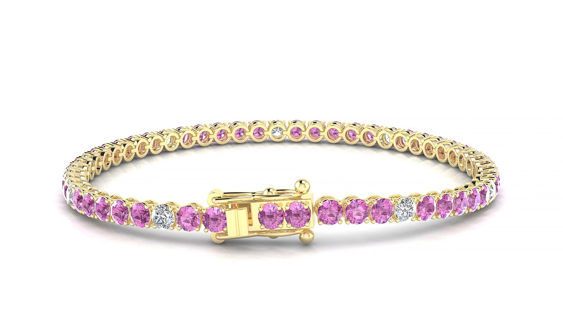 Firenze 5-1 | 18k Yellow Gold 3 mm Round Natural Pink Sapphire & Diamond 15 cm Tennis Bracelet
