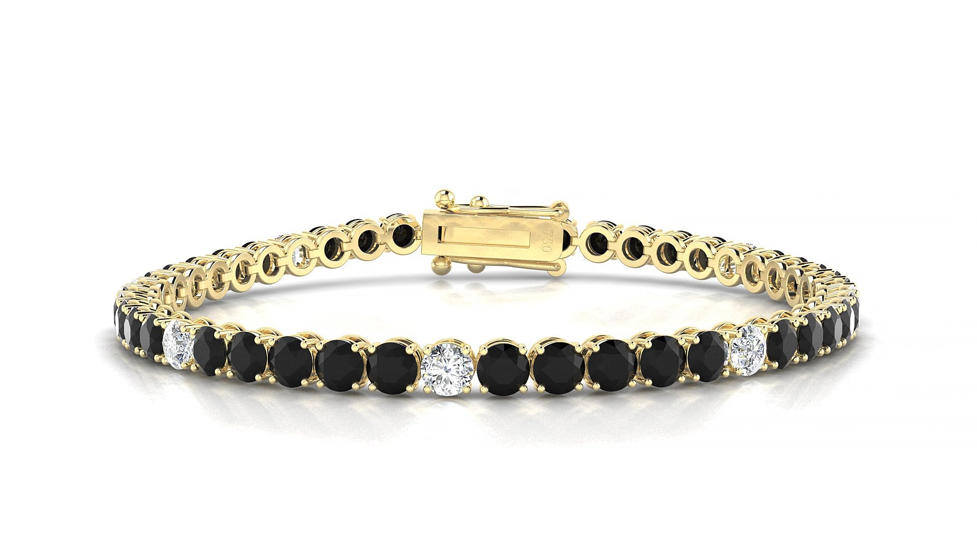 Firenze 5-1 | 18k Yellow Gold 3.4 mm Round Natural Black Diamond & Diamond 15 cm Tennis Bracelet