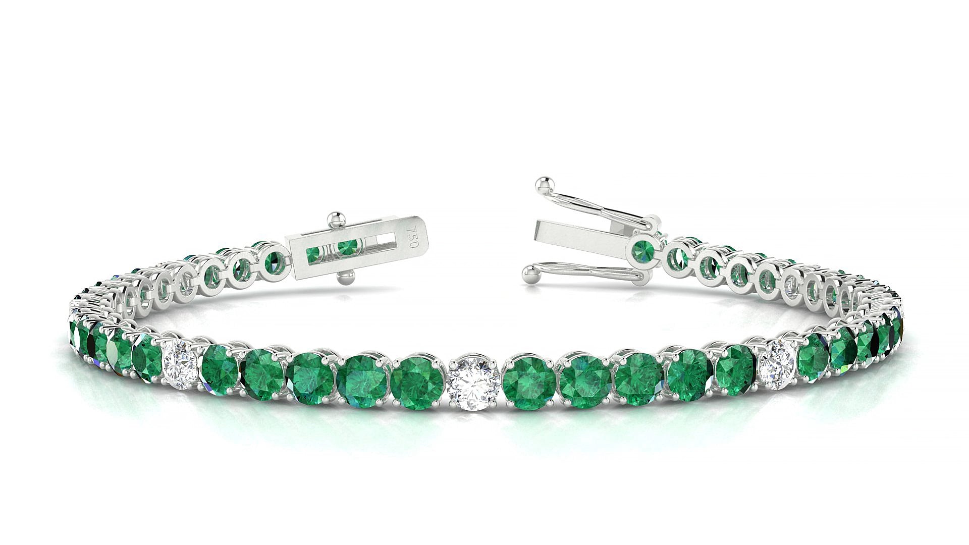 Firenze 5-1 | 18k White Gold 3.4 mm Round Natural Emerald & Diamond 15 cm Tennis Bracelet