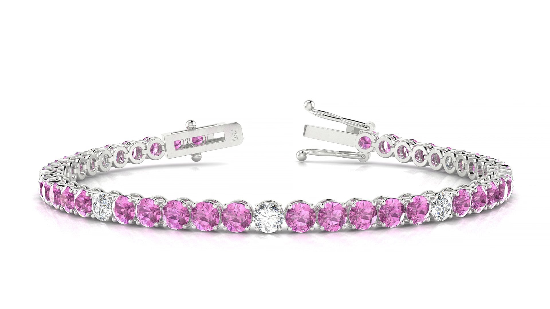 Firenze 5-1 | 18k White Gold 3.4 mm Round Natural Pink Sapphire & Diamond 16 cm Tennis Bracelet