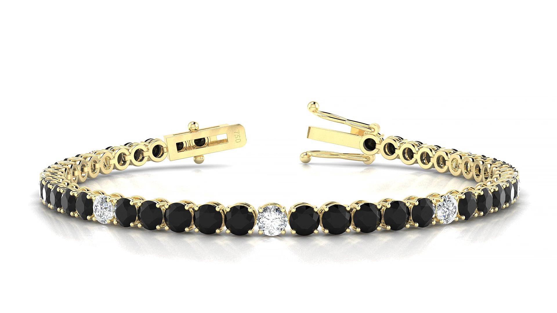 Firenze 5-1 | 18k Yellow Gold 3.4 mm Round Natural Black Diamond & Diamond 15 cm Tennis Bracelet
