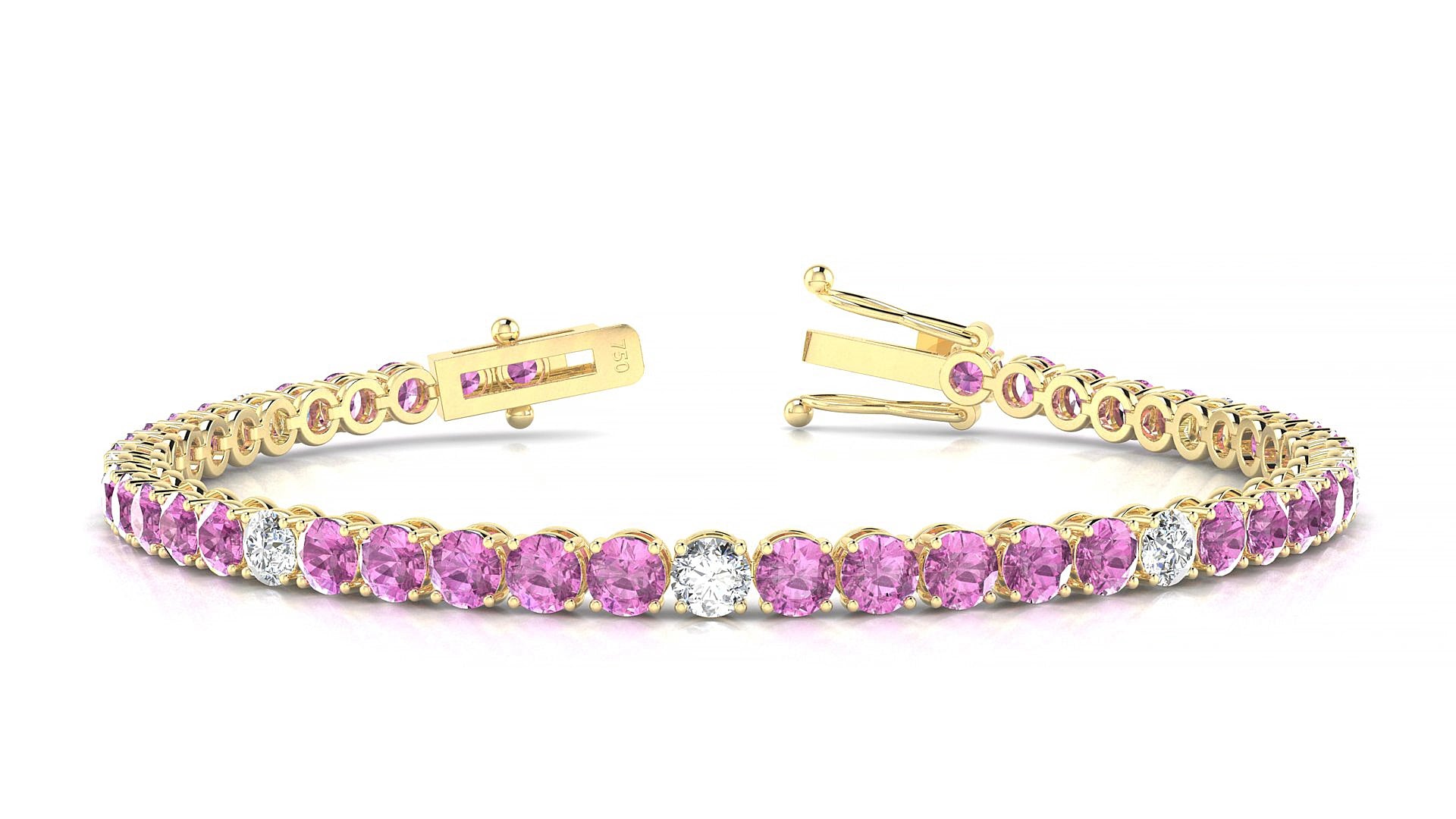 Firenze 5-1 | 18k Yellow Gold 3.4 mm Round Natural Pink Sapphire & Diamond 15 cm Tennis Bracelet