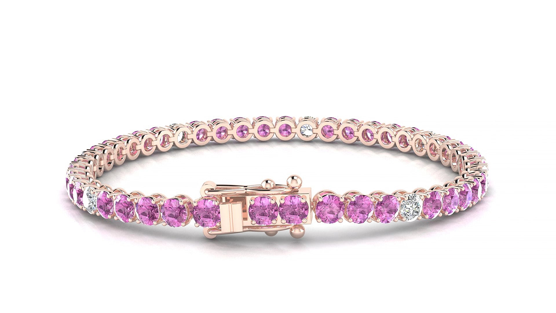 Firenze 5-1 | 18k Rose Gold 3.4 mm Round Natural Pink Sapphire & Diamond 15 cm Tennis Bracelet