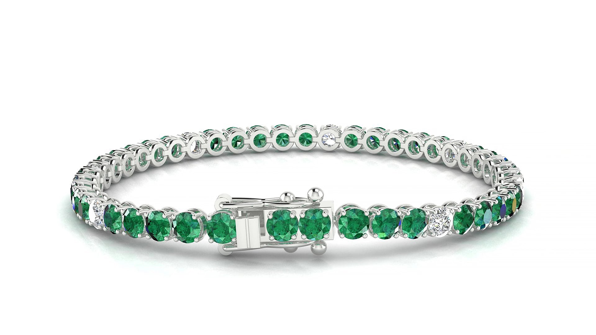 Firenze 5-1 | 18k White Gold 3.4 mm Round Natural Emerald & Diamond 16 cm Tennis Bracelet