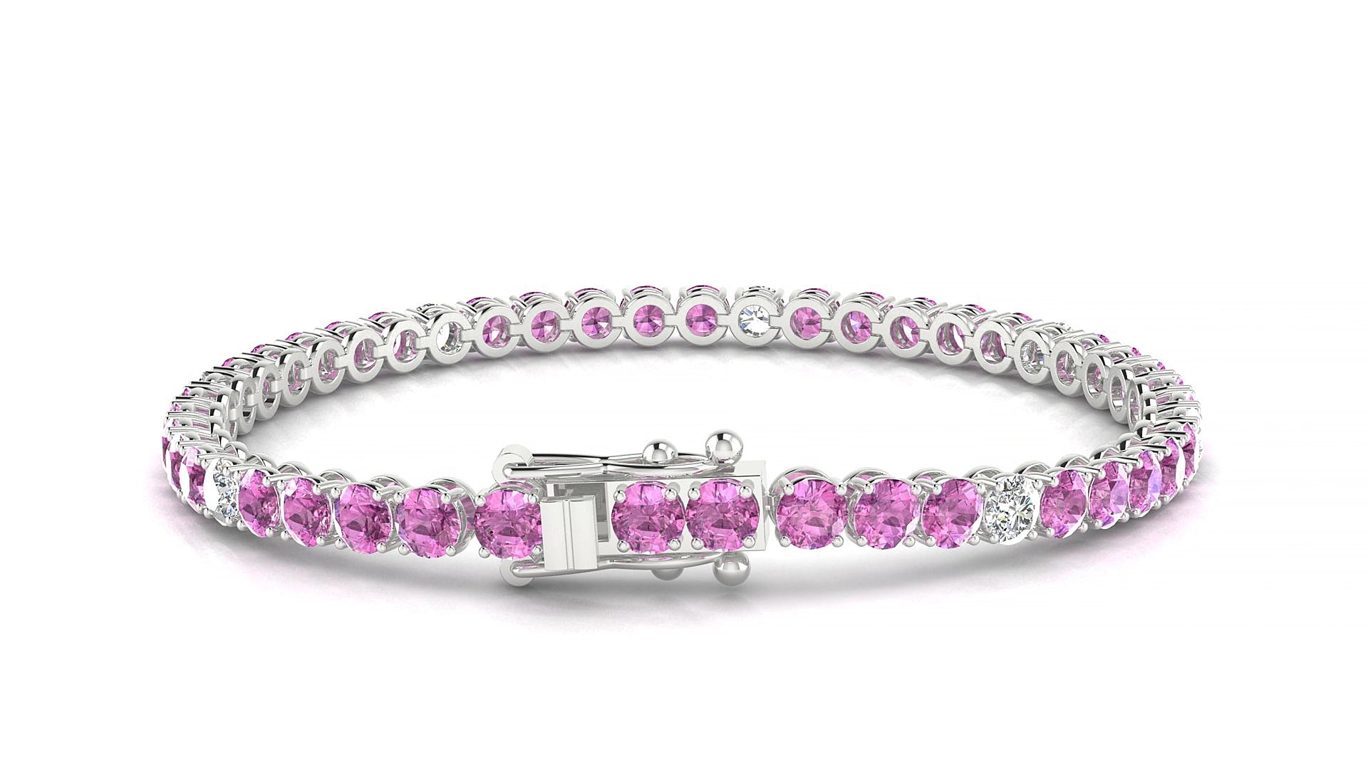 Firenze 5-1 | 18k White Gold 3.4 mm Round Natural Pink Sapphire & Diamond 20 cm Tennis Bracelet