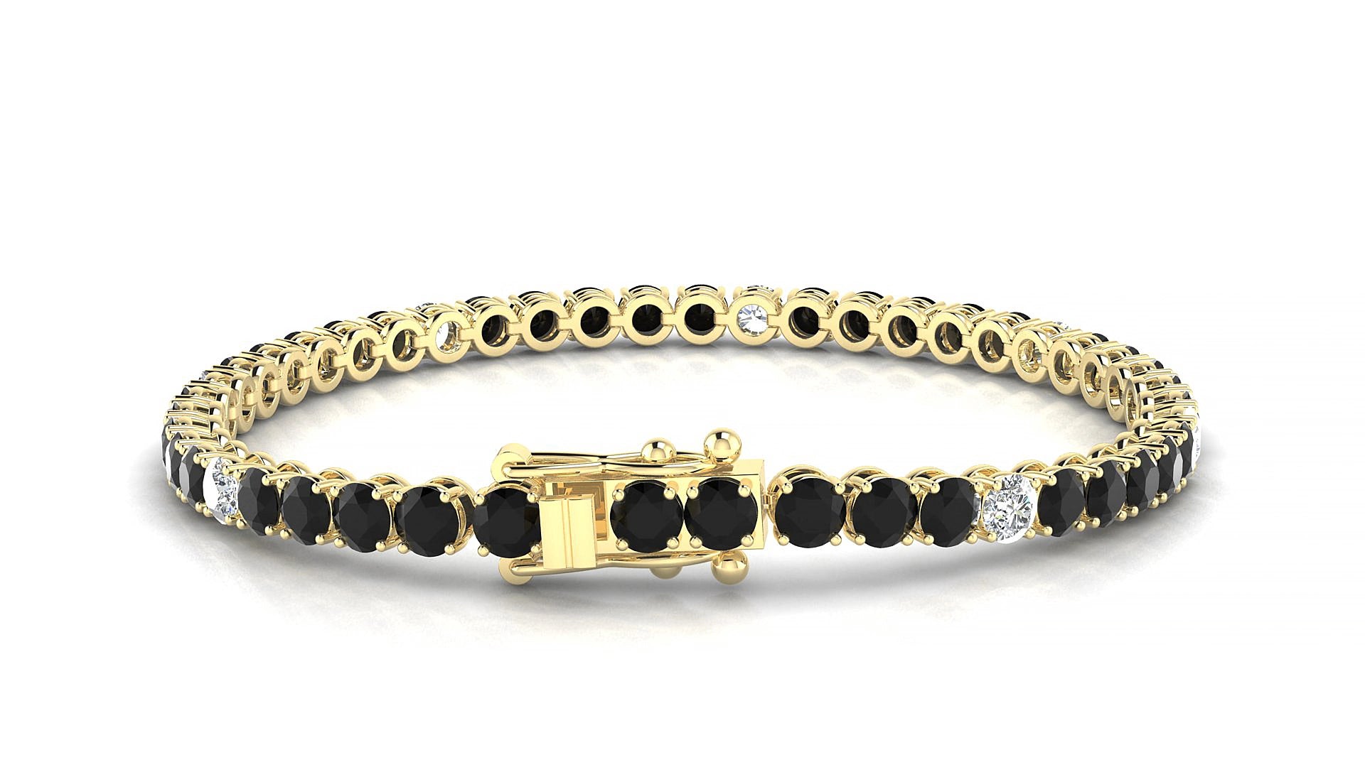 Firenze 5-1 | 18k Yellow Gold 3.4 mm Round Natural Black Diamond & Diamond 15 cm Tennis Bracelet