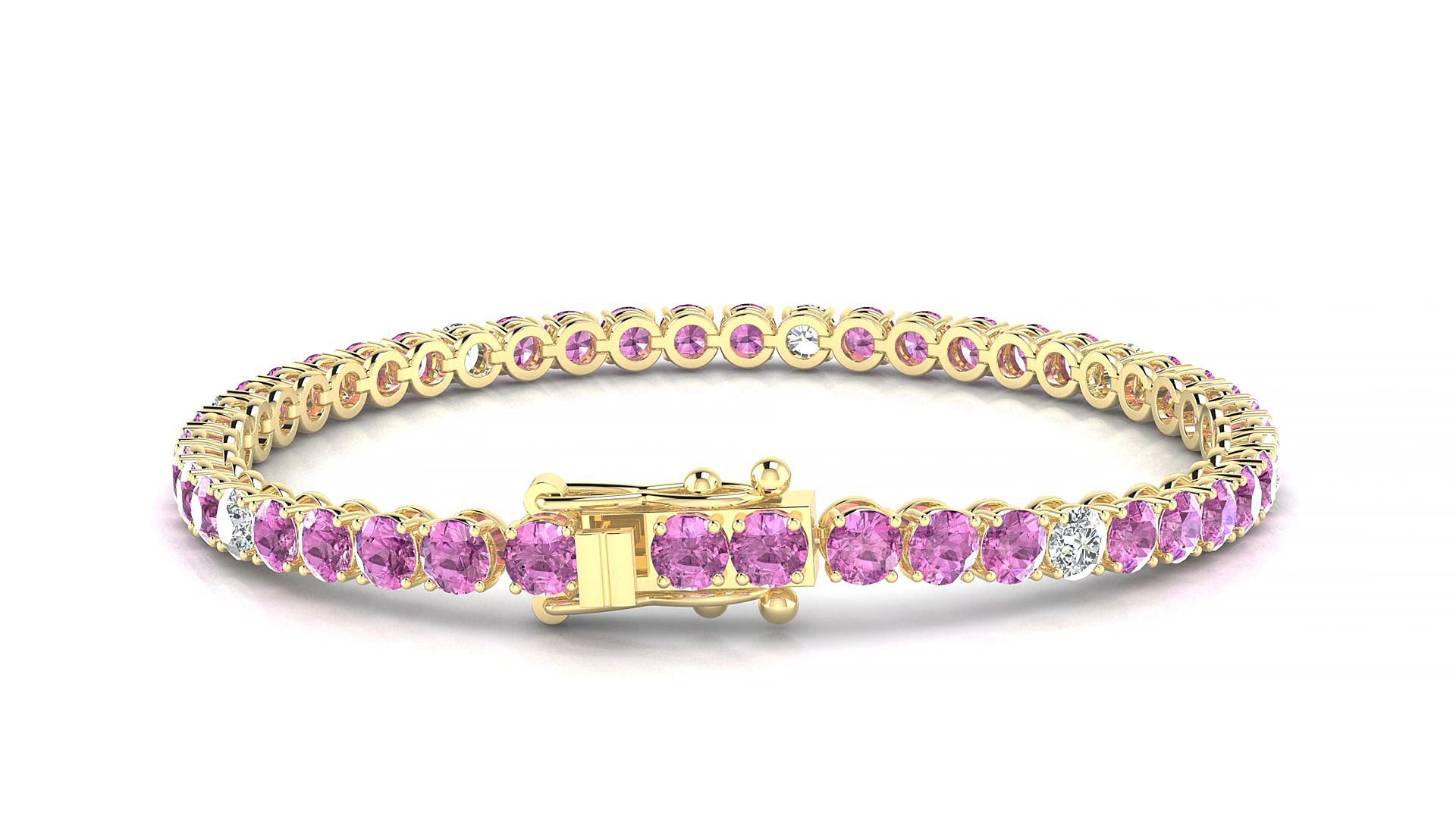 Firenze 5-1 | 18k Yellow Gold 3.4 mm Round Natural Pink Sapphire & Diamond 17 cm Tennis Bracelet