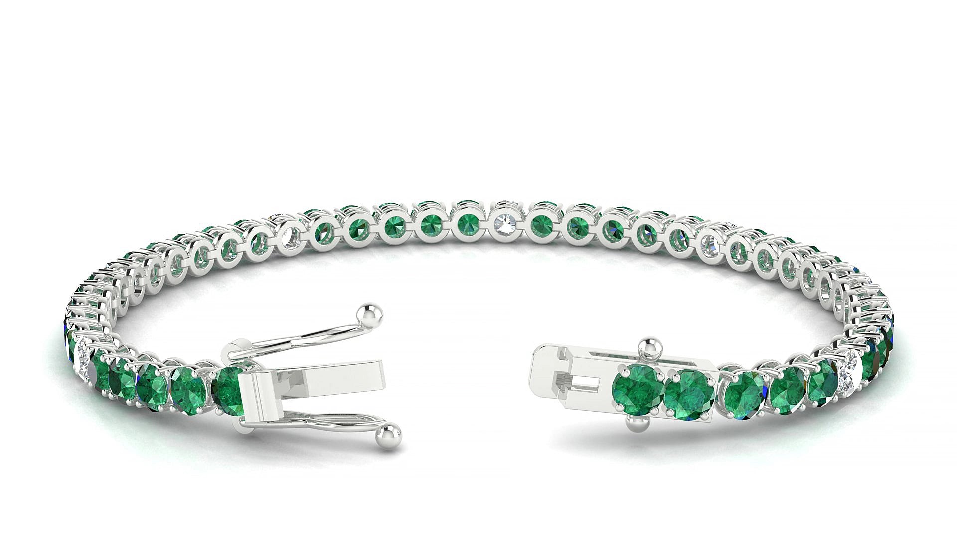Firenze 5-1 | 18k White Gold 3.4 mm Round Natural Emerald & Diamond 15 cm Tennis Bracelet