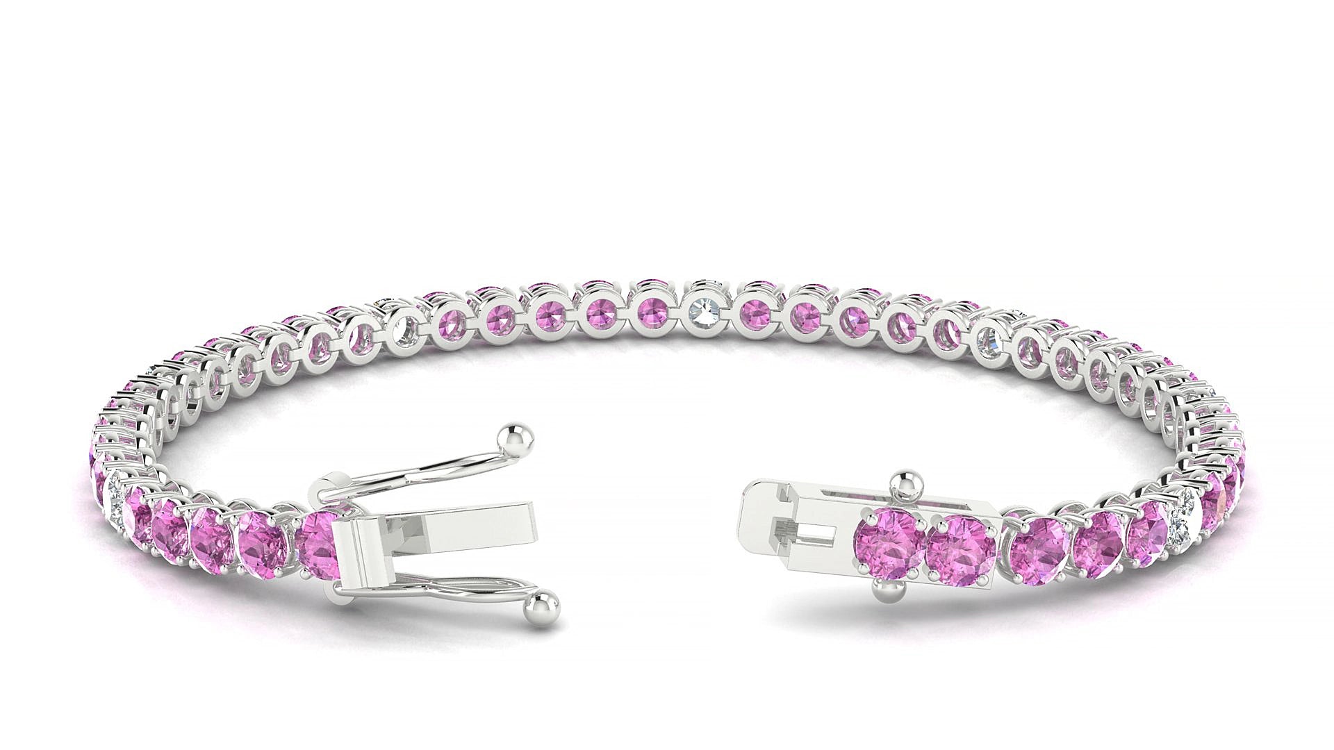 Firenze 5-1 | 18k White Gold 3.4 mm Round Natural Pink Sapphire & Diamond 16 cm Tennis Bracelet