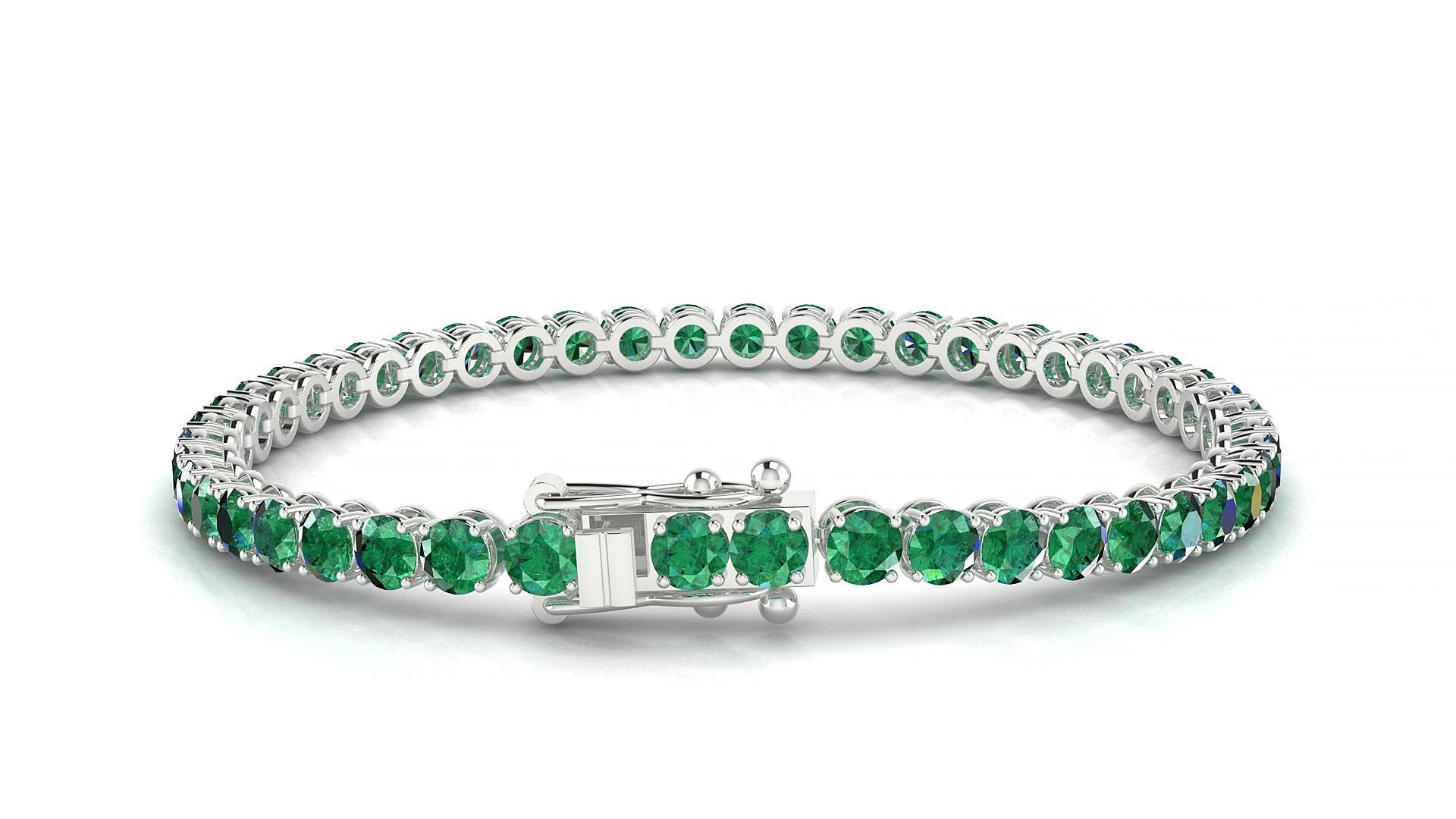 Firenze | 18k White Gold 3.4 mm Round Natural Emerald 15 cm Tennis Bracelet