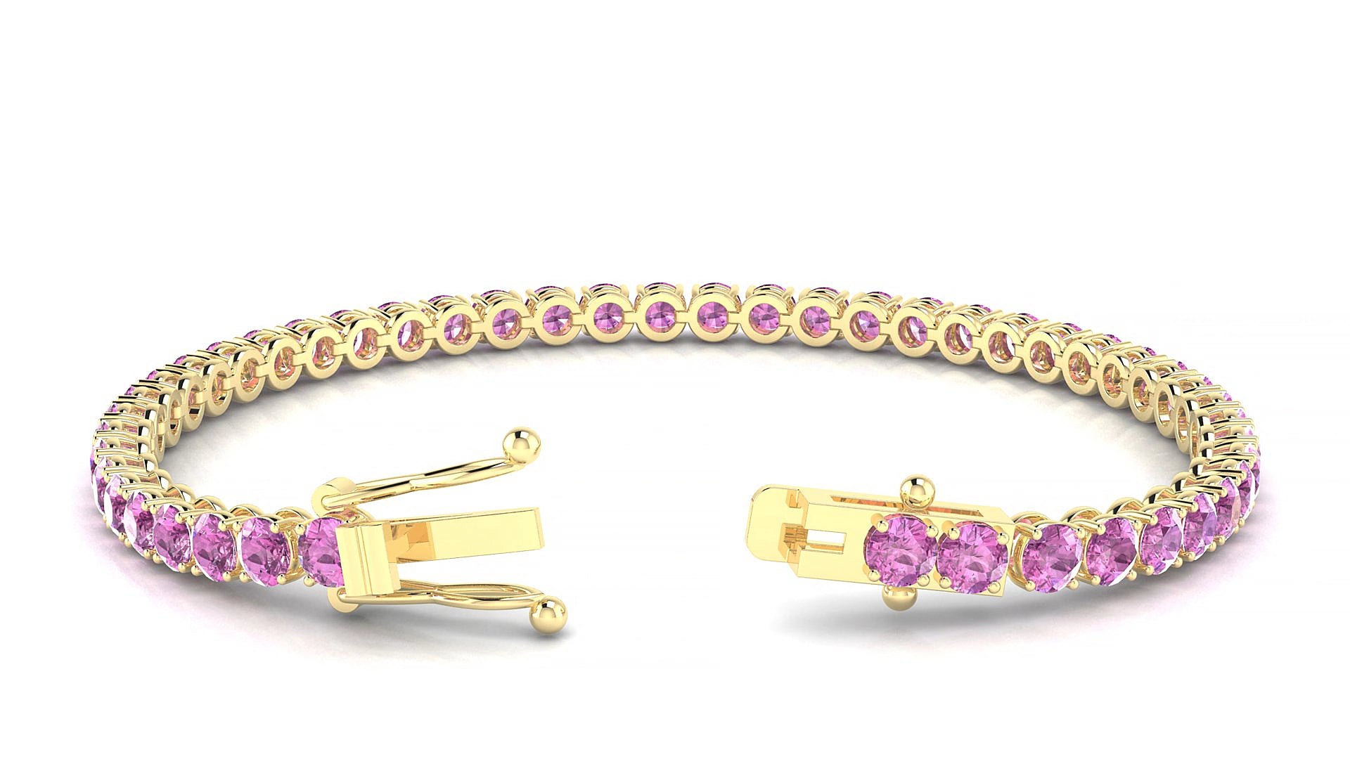Firenze | 18k Yellow Gold 3.4 mm Round Natural Pink Sapphire 19 cm Tennis Bracelet
