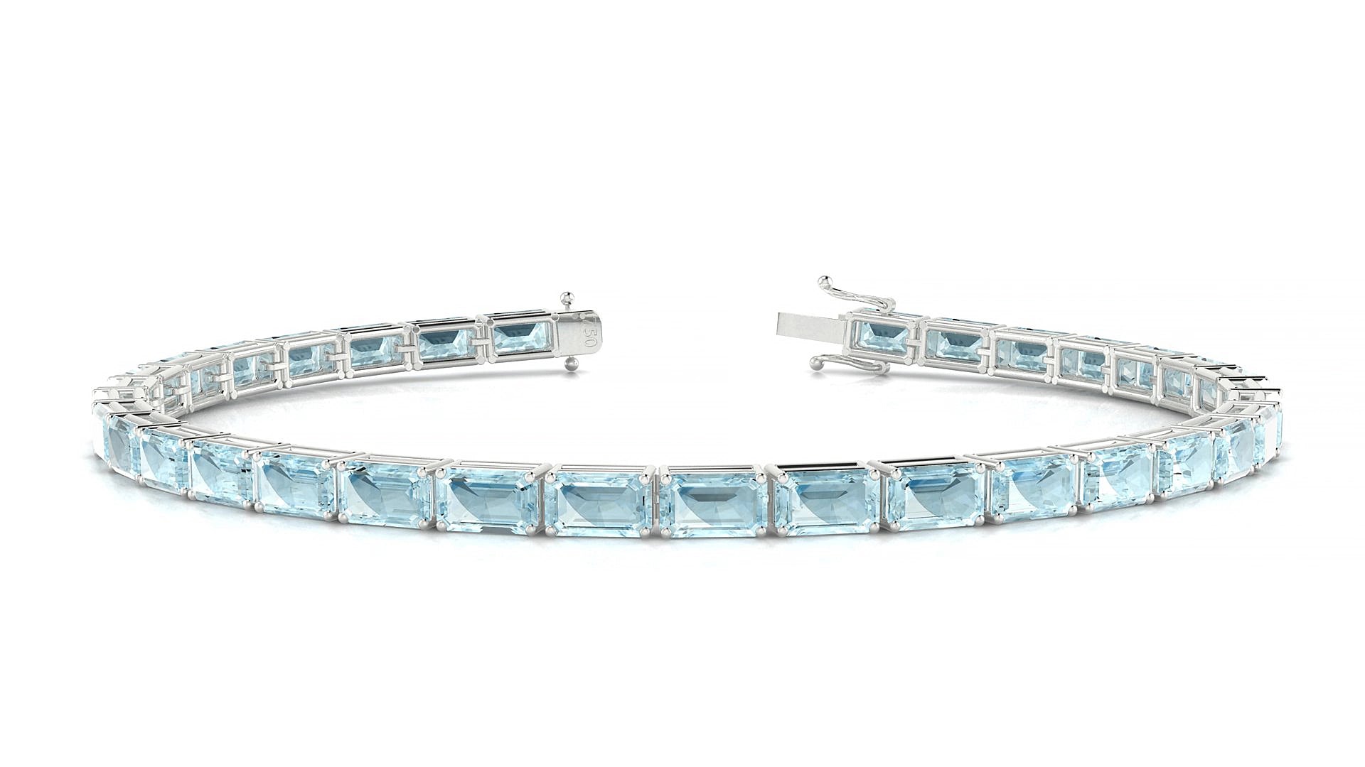Muzo | 18k White Gold 5 x 3 mm Emerald Natural Aquamarine 18 cm Tennis Bracelet