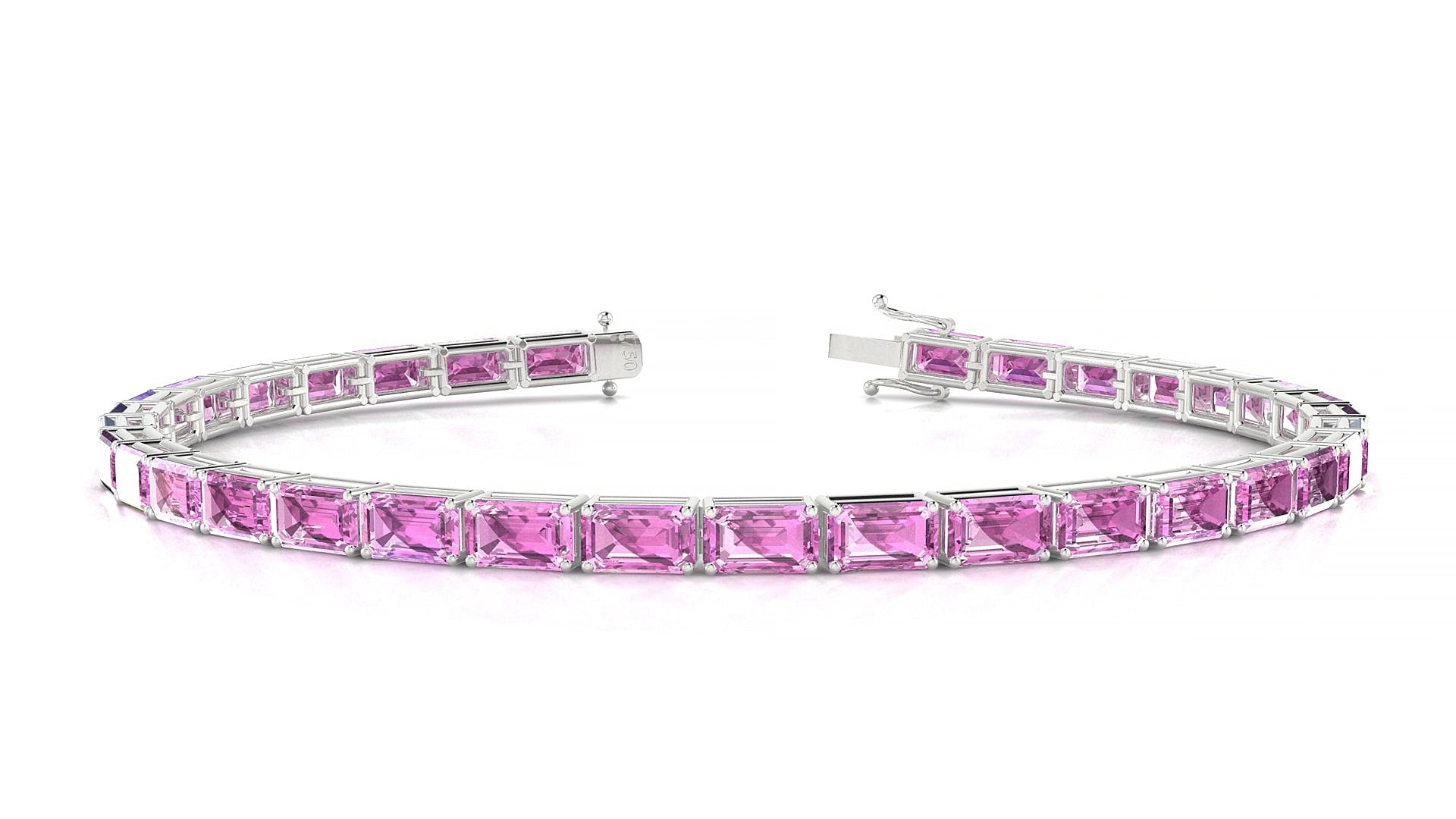 Muzo | 18k White Gold 5 x 3 mm Emerald Natural Pink Sapphire 19 cm Tennis Bracelet