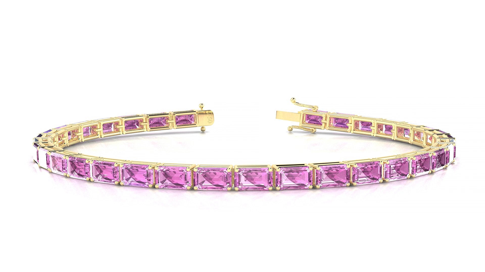 Muzo | 18k Yellow Gold 5 x 3 mm Emerald Natural Pink Sapphire 18 cm Tennis Bracelet