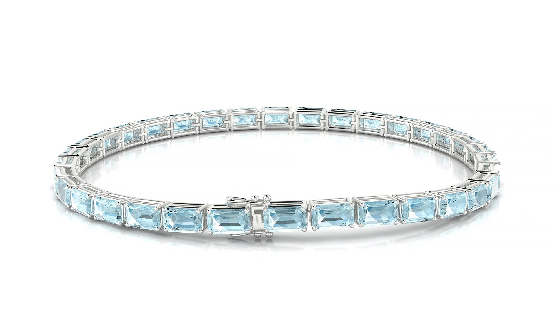 Muzo | 18k White Gold 5 x 3 mm Emerald Natural Aquamarine 18 cm Tennis Bracelet