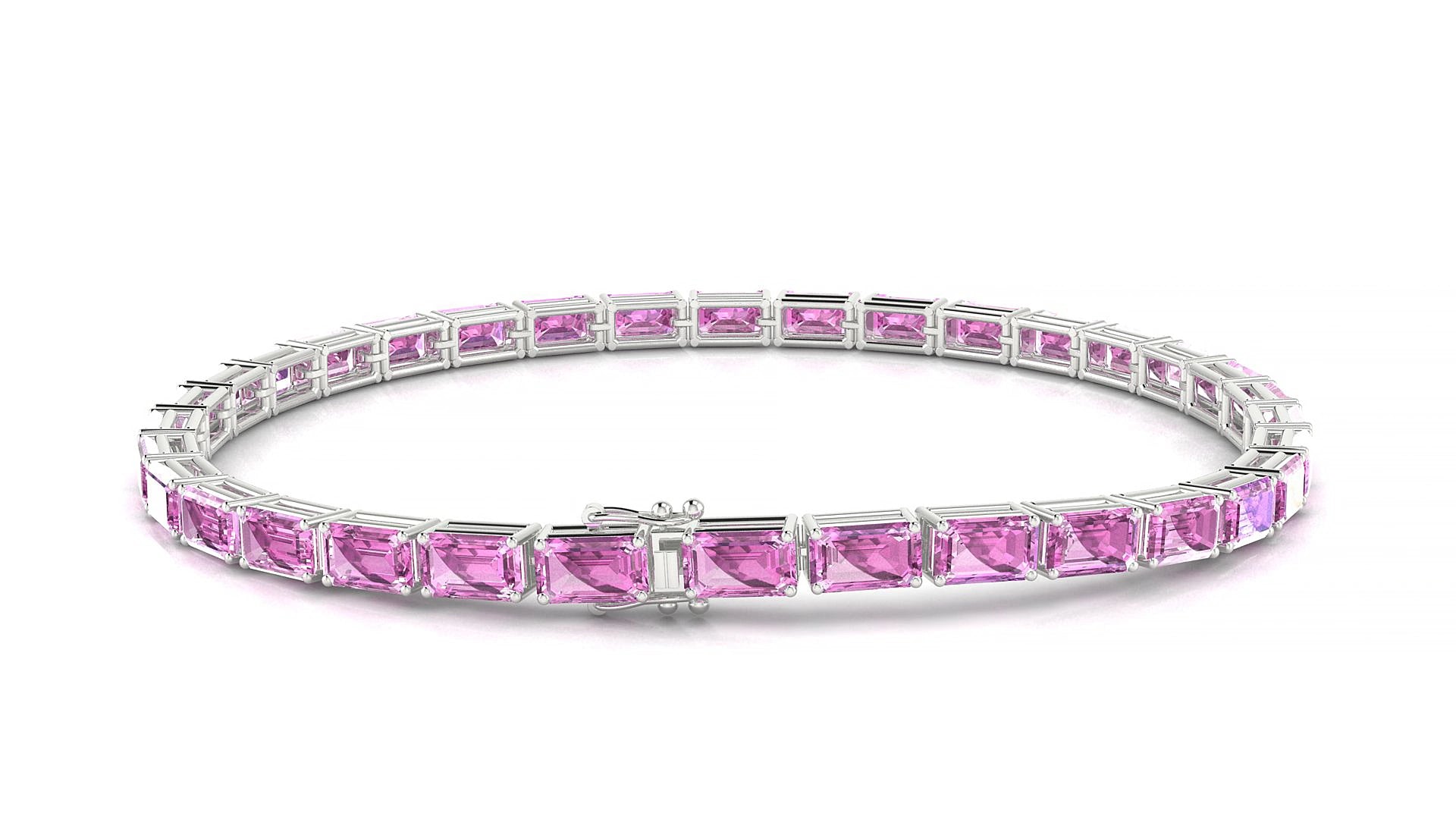 Muzo | 18k White Gold 5 x 3 mm Emerald Natural Pink Sapphire 17 cm Tennis Bracelet