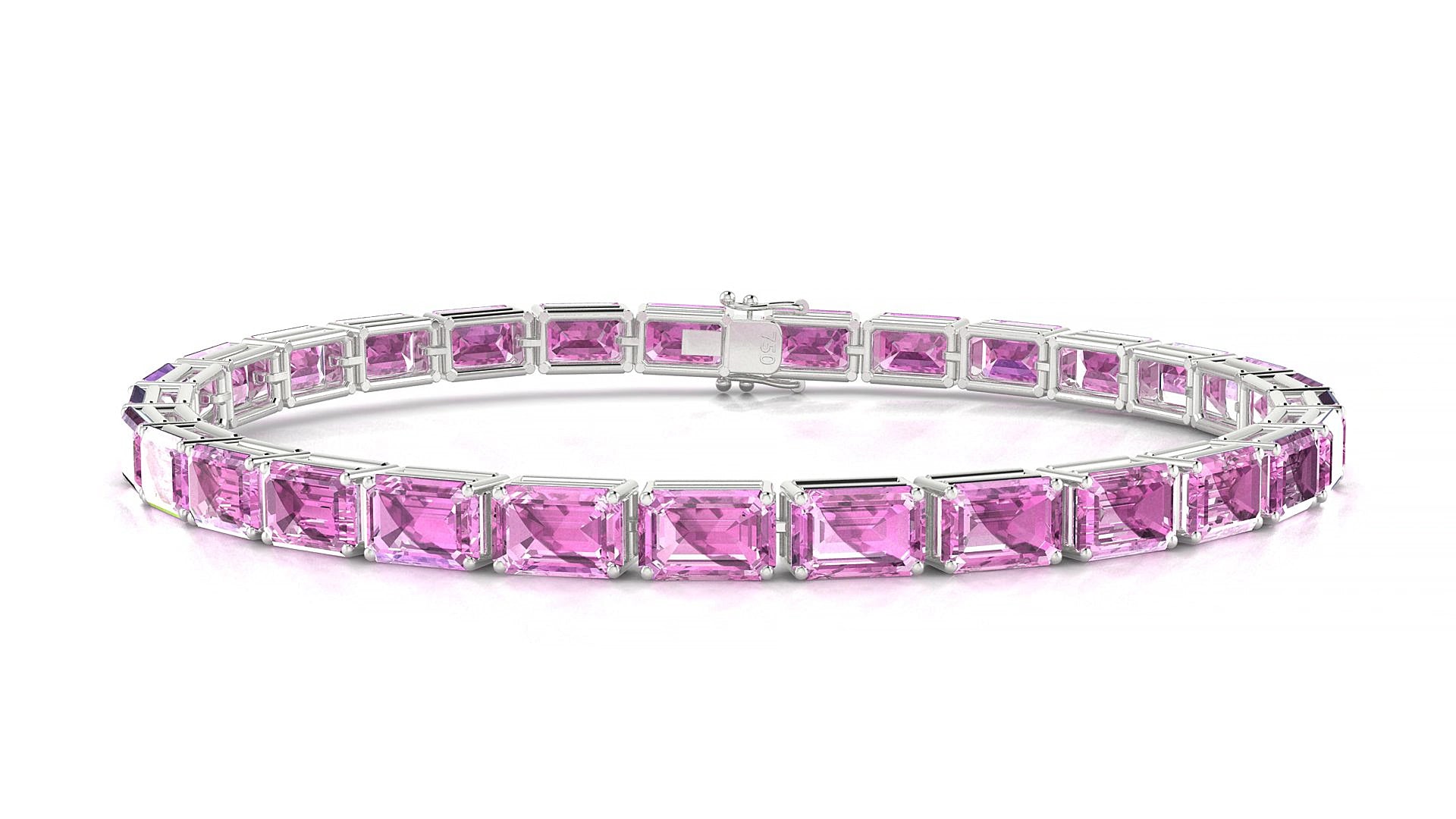 Muzo | 18k White Gold 6 x 4 mm Emerald Natural Pink Sapphire 19 cm Tennis Bracelet